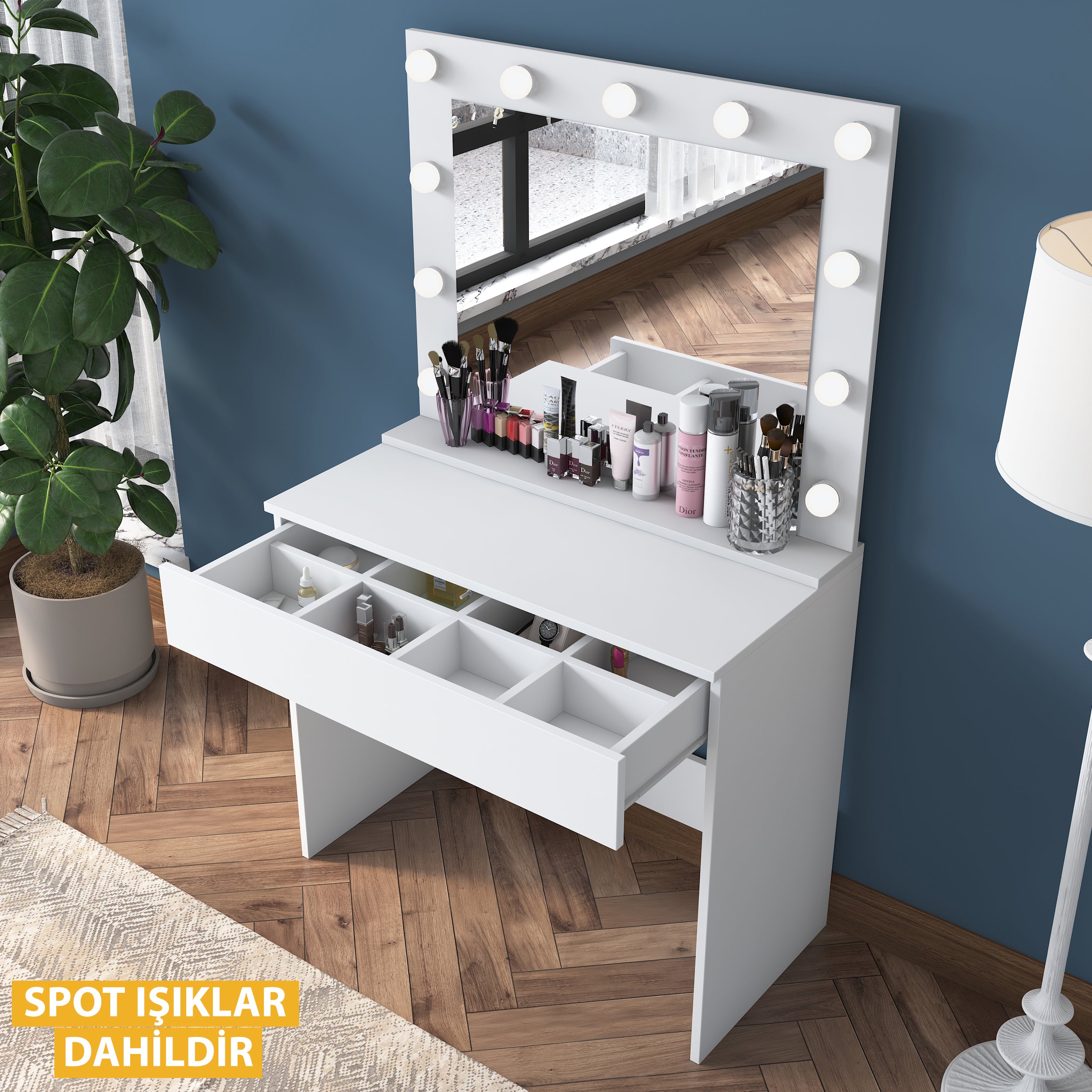 Rani BJ120 Hollywood Illuminated Mirror Backstage Makeup Table Jewelry Organizer White