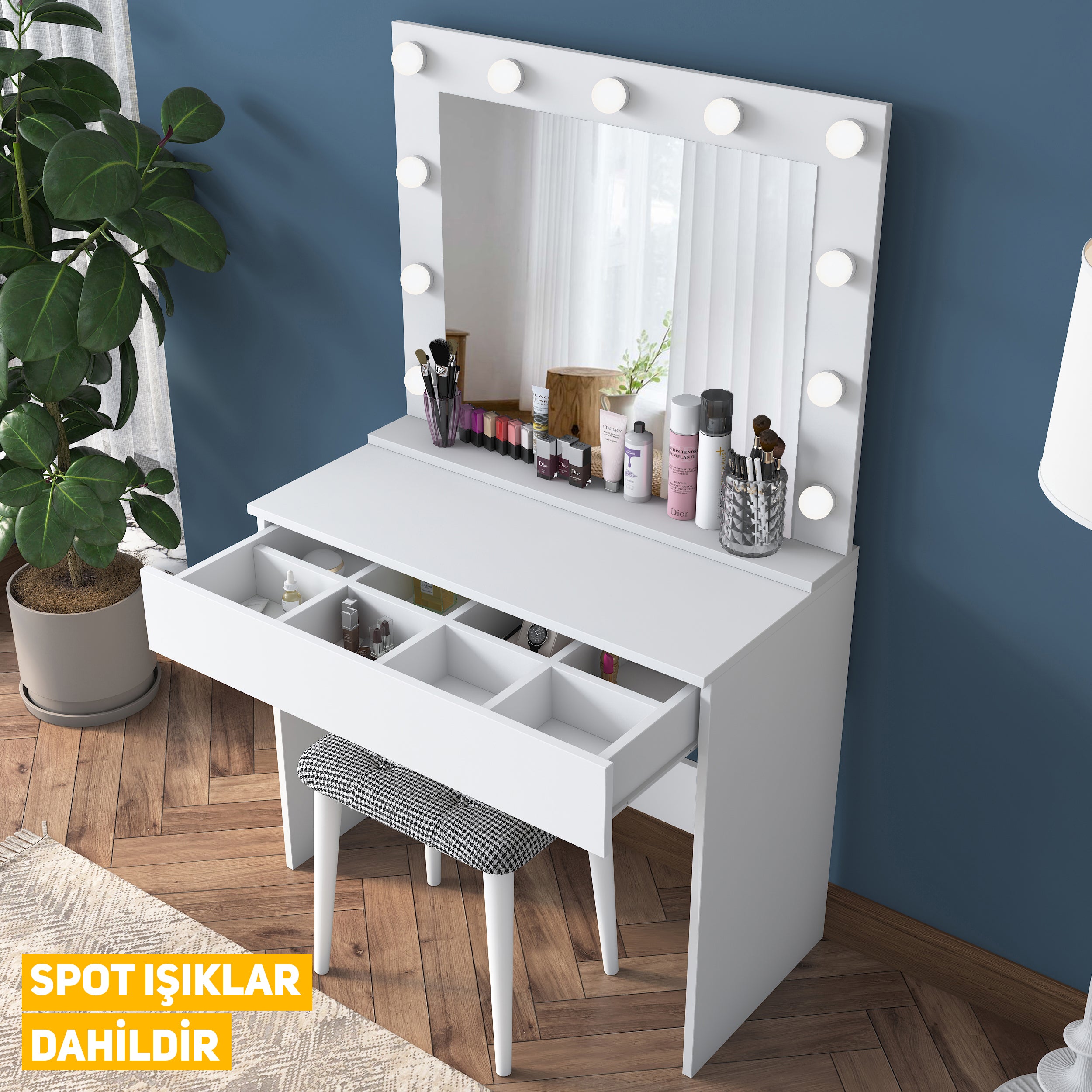 Rani BJ121 Hollywood Illuminated Mirror Backstage Makeup Table Jewelry Organizer + Stool Set White