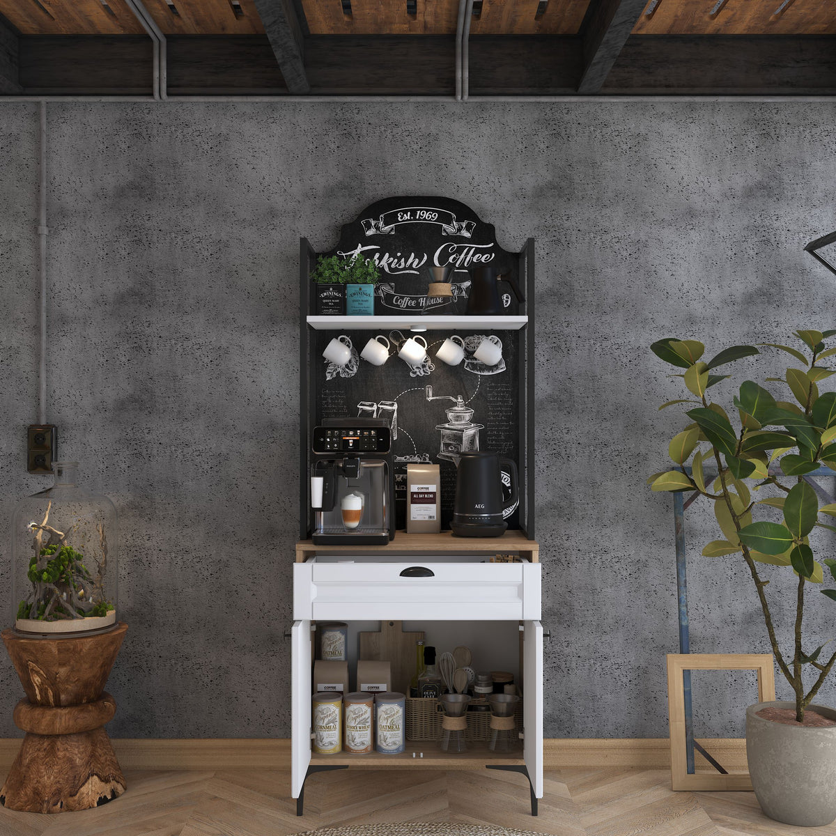 Rani JE158 Işıklı Kahve Köşesi Membran Kapaklı Çekmeceli Çok Amaçlı Mutfak Dolabı Sepet Ceviz - Beyaz