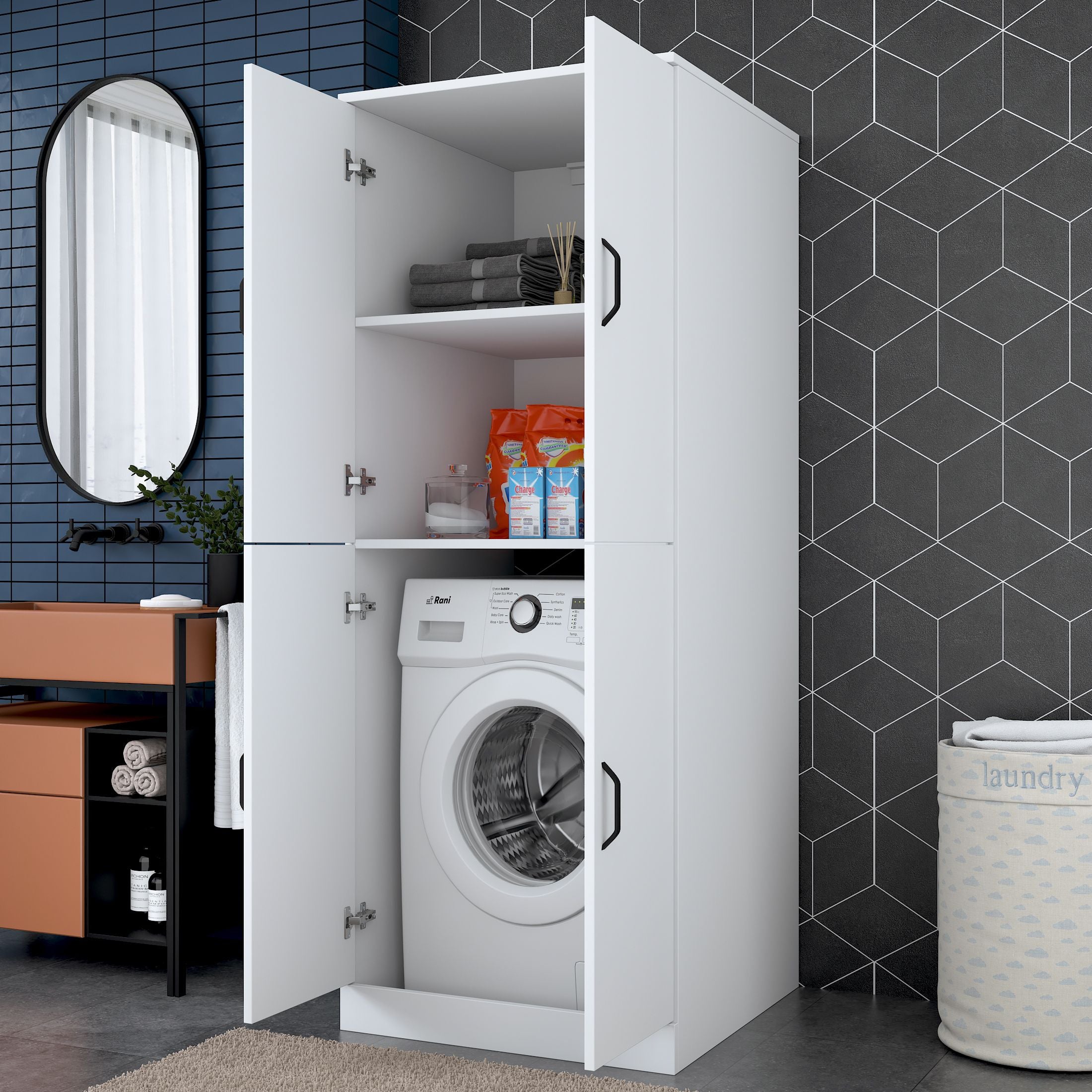 Rani KD109 Çamaşır Makinesi Dolabı 4 Kapaklı 2 Raflı Banyo Dolabı Beyaz