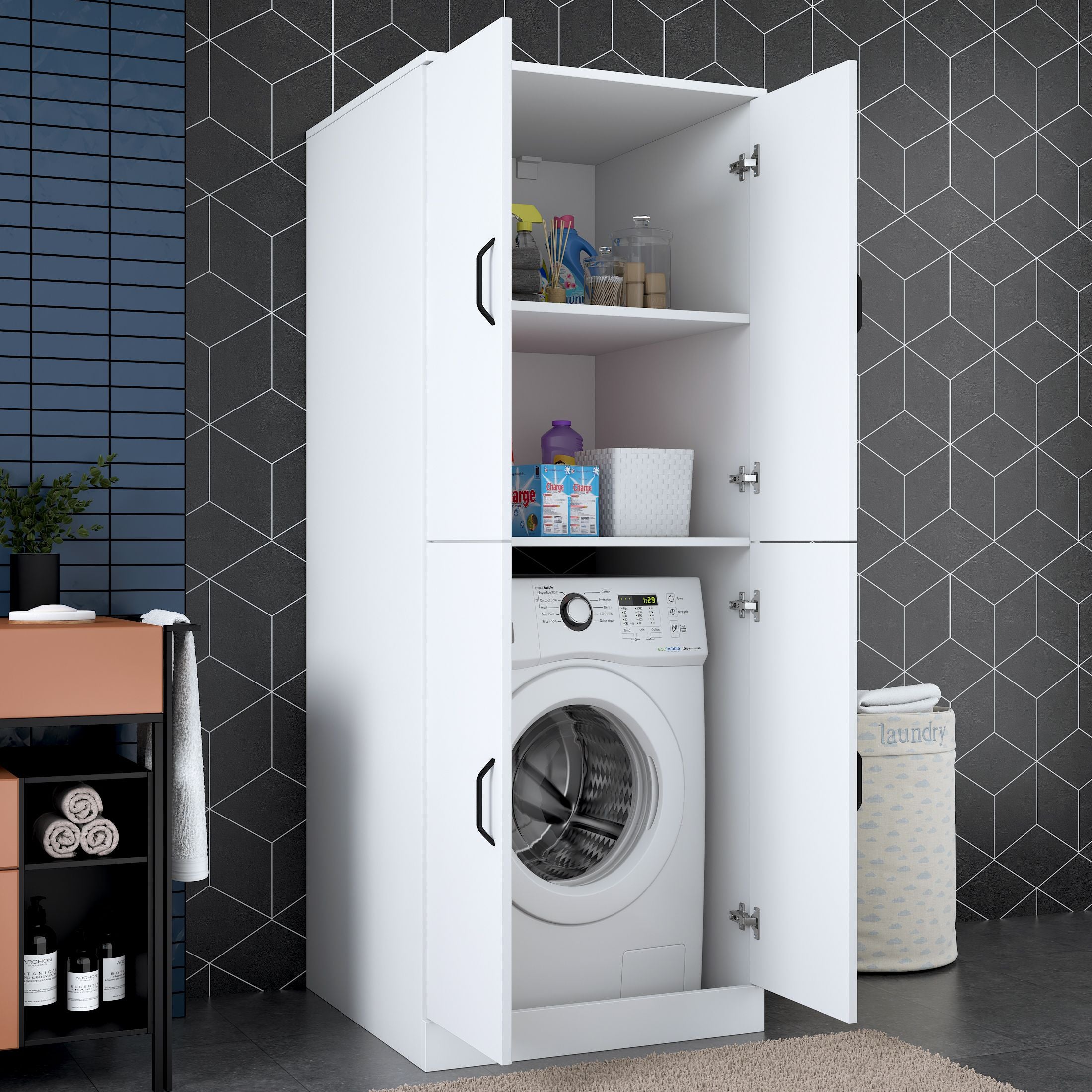 Rani KD109 Çamaşır Makinesi Dolabı 4 Kapaklı 2 Raflı Banyo Dolabı Beyaz