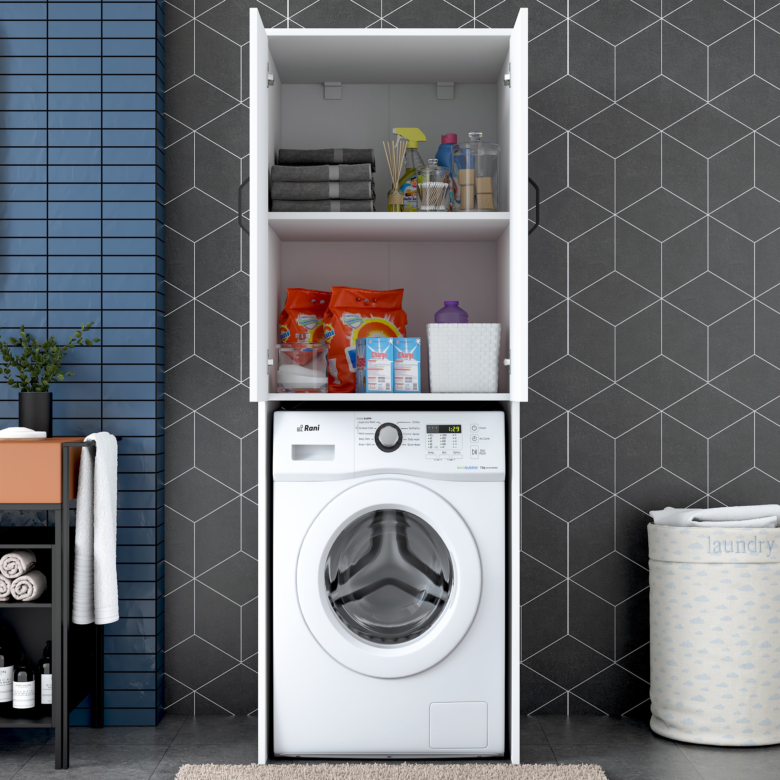 Rani KD119 Çamaşır Makinesi Dolabı 2 Kapaklı 2 Raflı Banyo Dolabı Beyaz