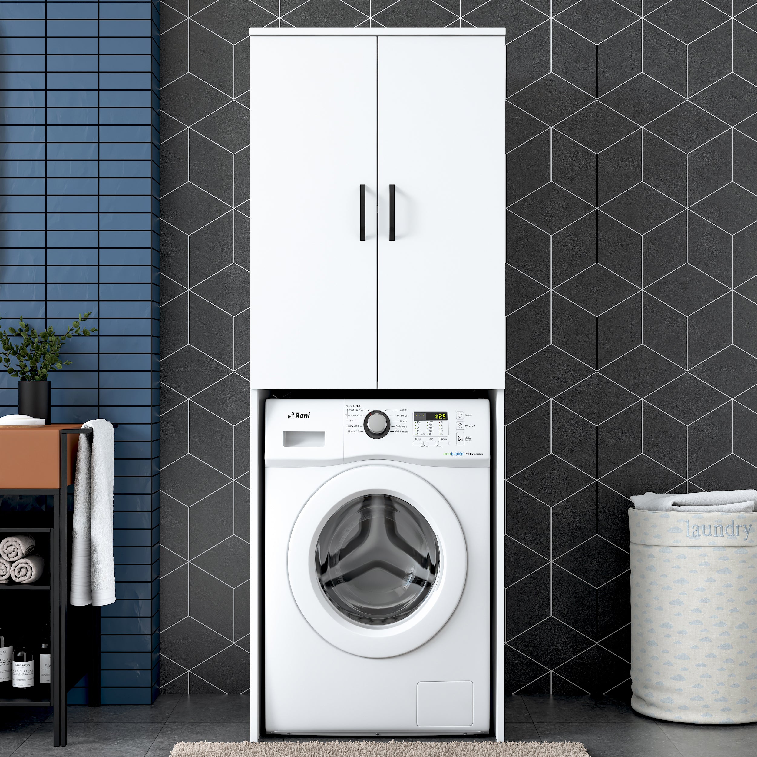 Rani KD119 Çamaşır Makinesi Dolabı 2 Kapaklı 2 Raflı Banyo Dolabı Beyaz