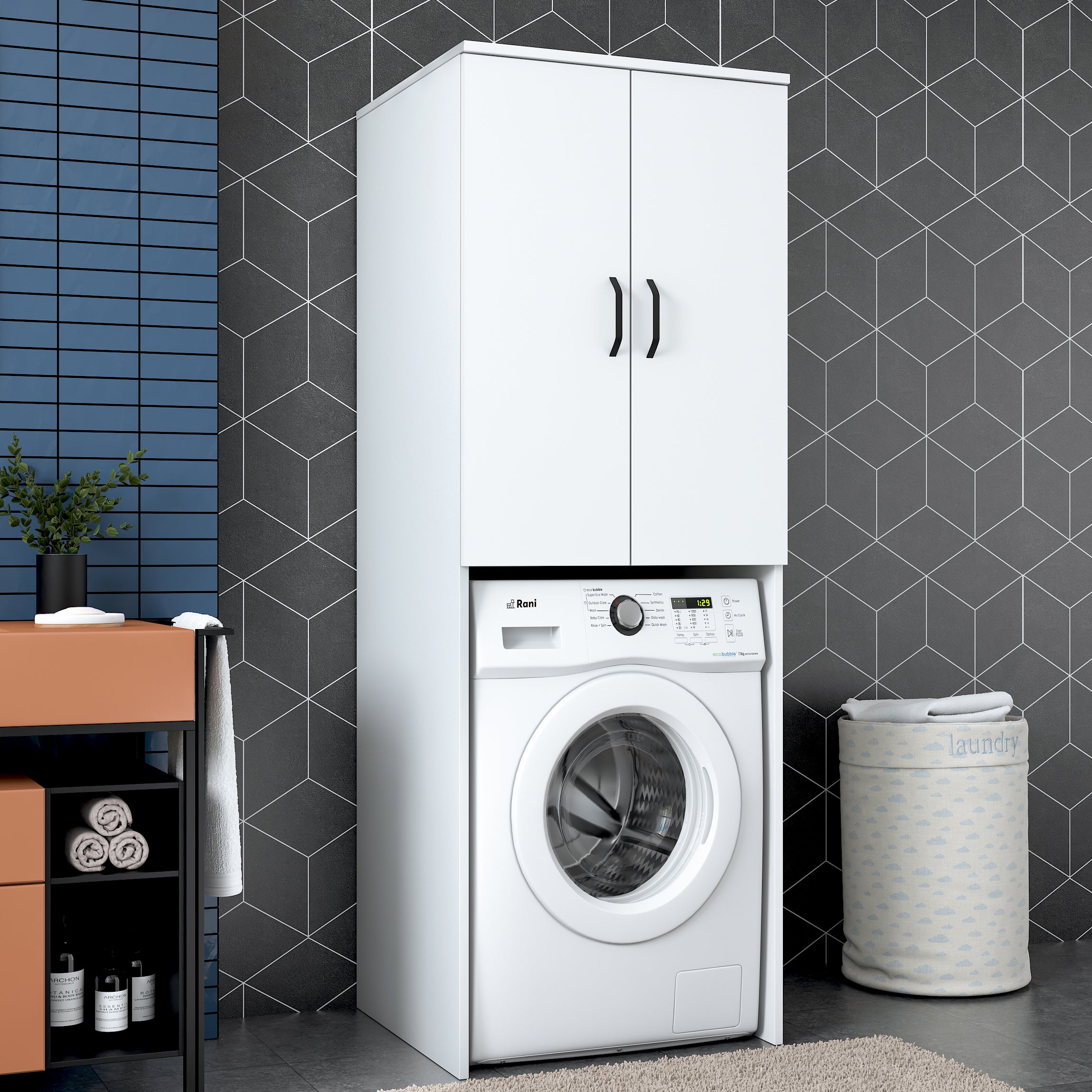 Rani KD119 Çamaşır Makinesi Dolabı 2 Kapaklı 2 Raflı Banyo Dolabı Beyaz