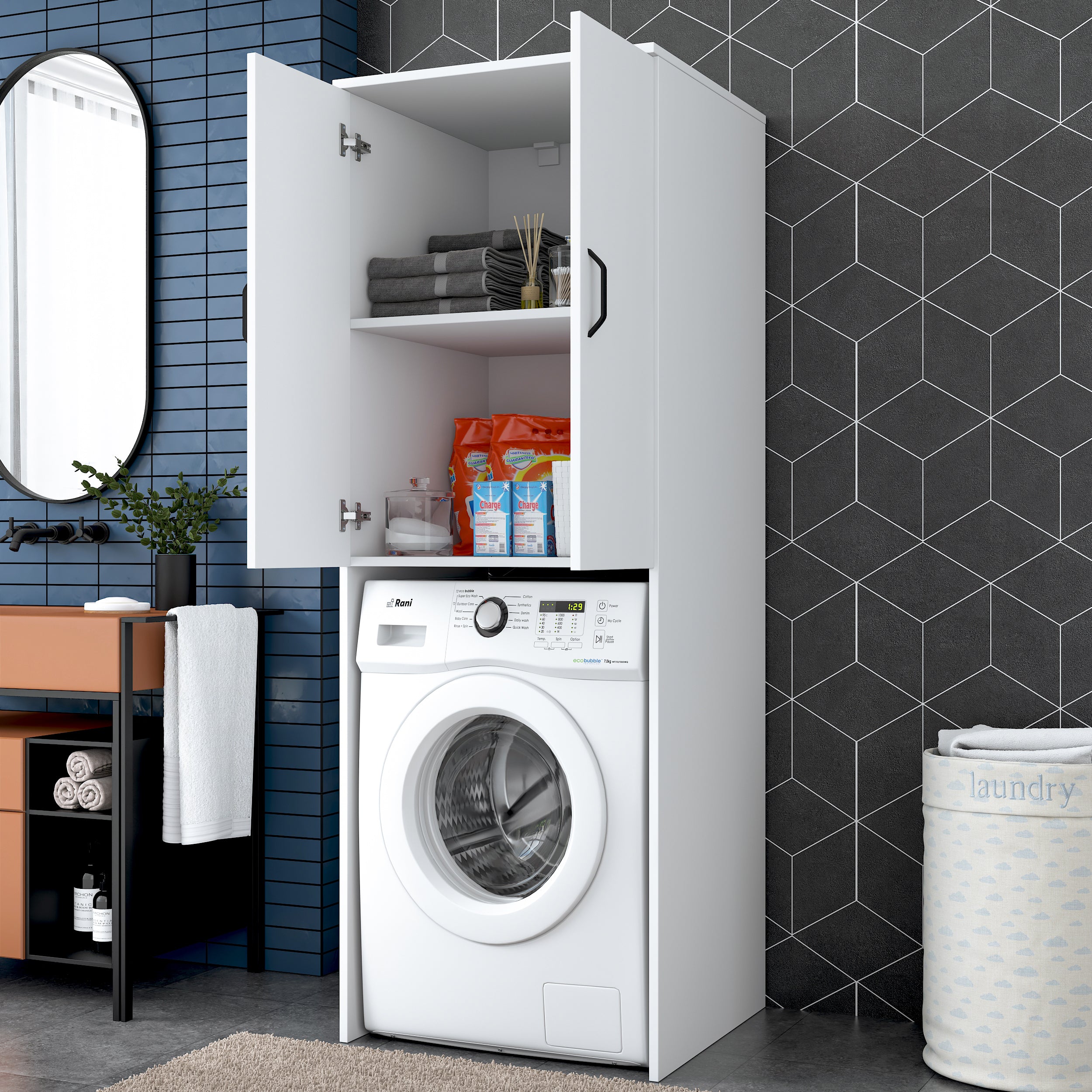 Rani KD119 Çamaşır Makinesi Dolabı 2 Kapaklı 2 Raflı Banyo Dolabı Beyaz