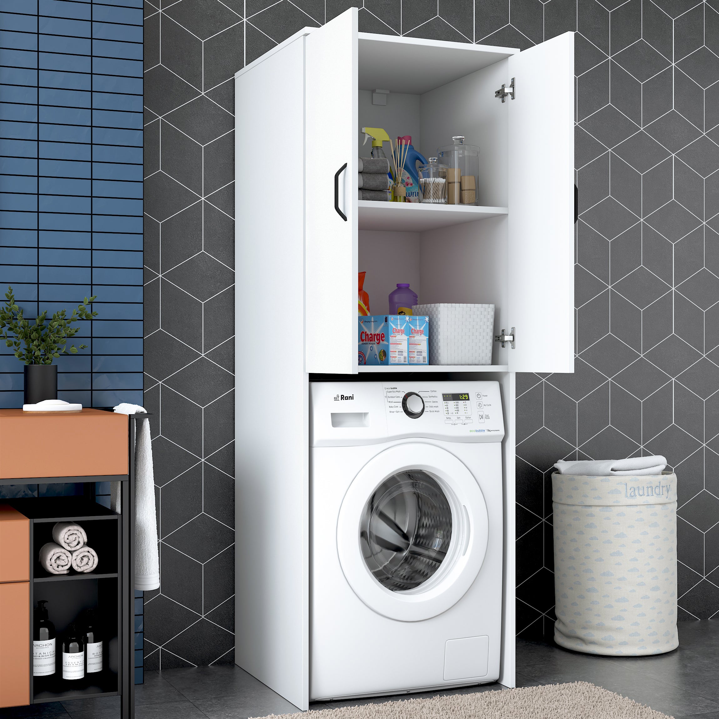 Rani KD119 Çamaşır Makinesi Dolabı 2 Kapaklı 2 Raflı Banyo Dolabı Beyaz