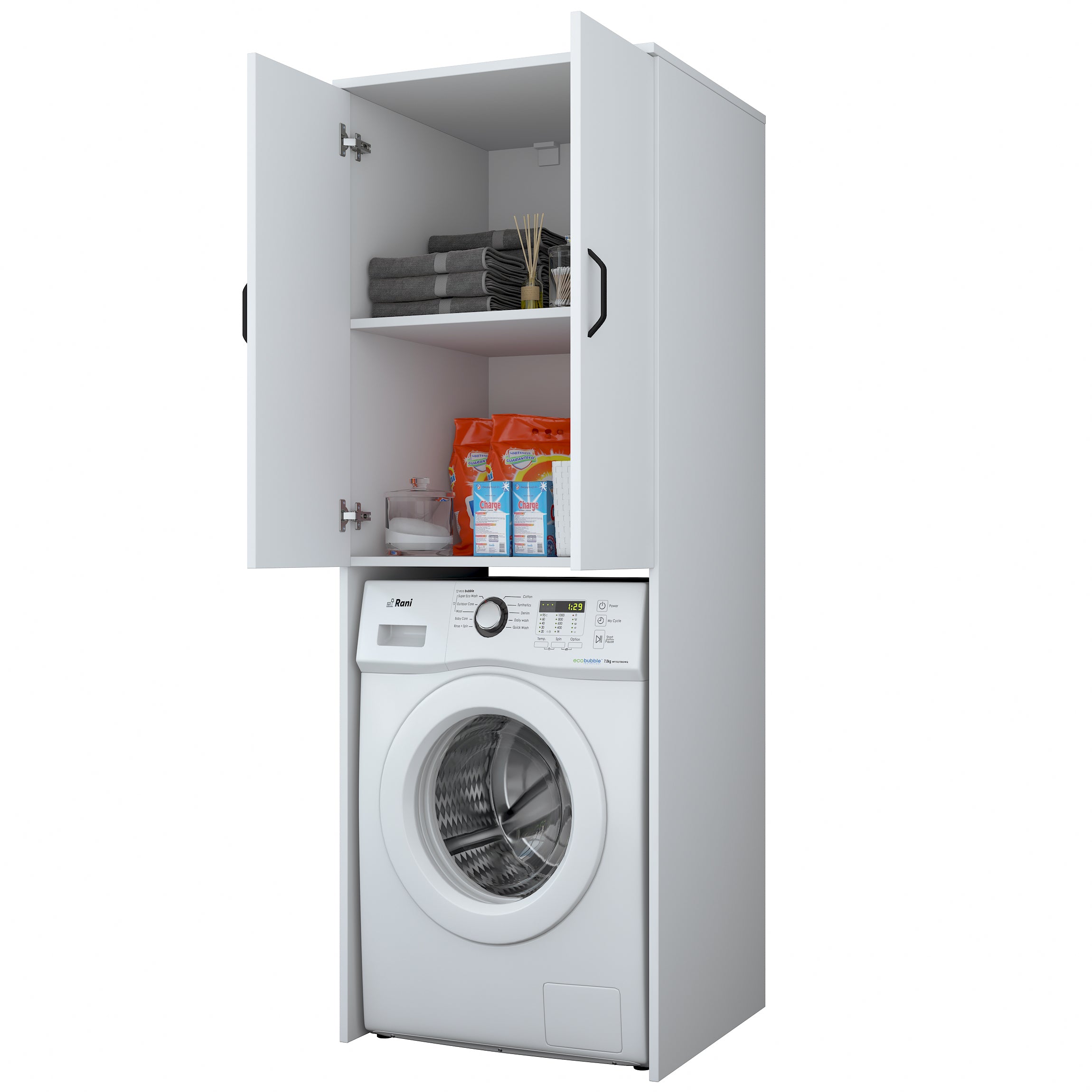 Rani KD119 Çamaşır Makinesi Dolabı 2 Kapaklı 2 Raflı Banyo Dolabı Beyaz