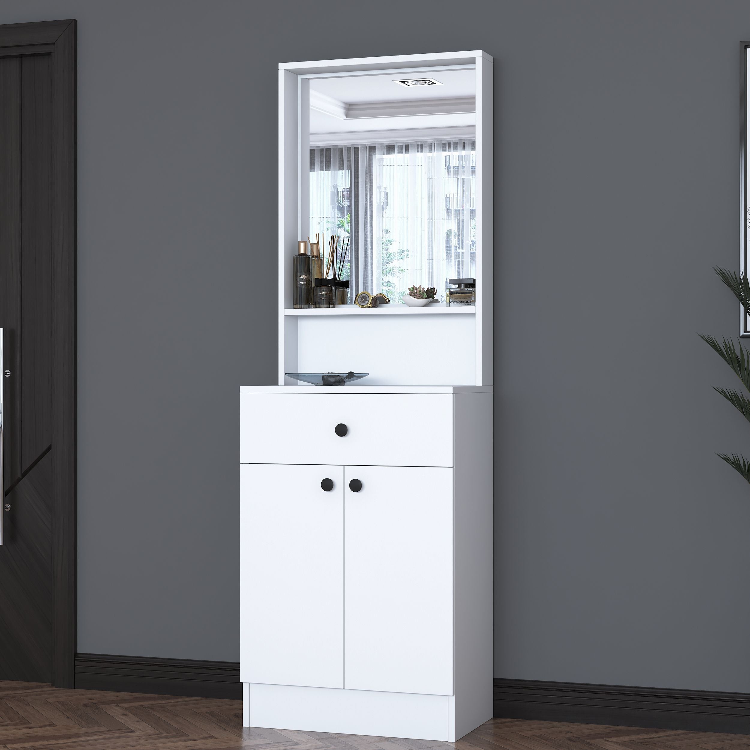 Rani P6 Modern Kapaklı Aynalı Portmanto Vestiyer Beyaz M15