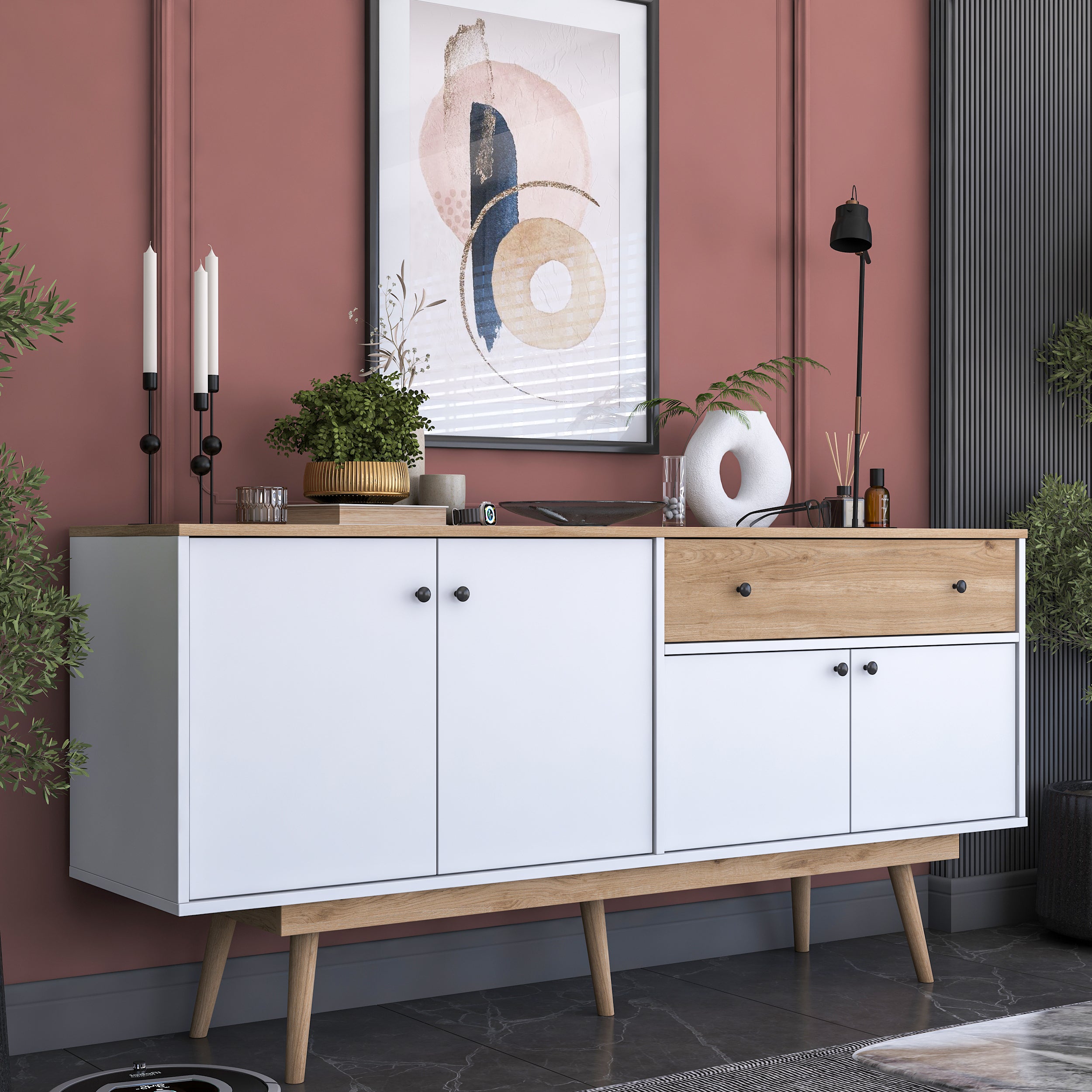Rani GD110 Modern Ayaklı Çekmeceli Kapaklı Konsol Beyaz - Sepet Ceviz