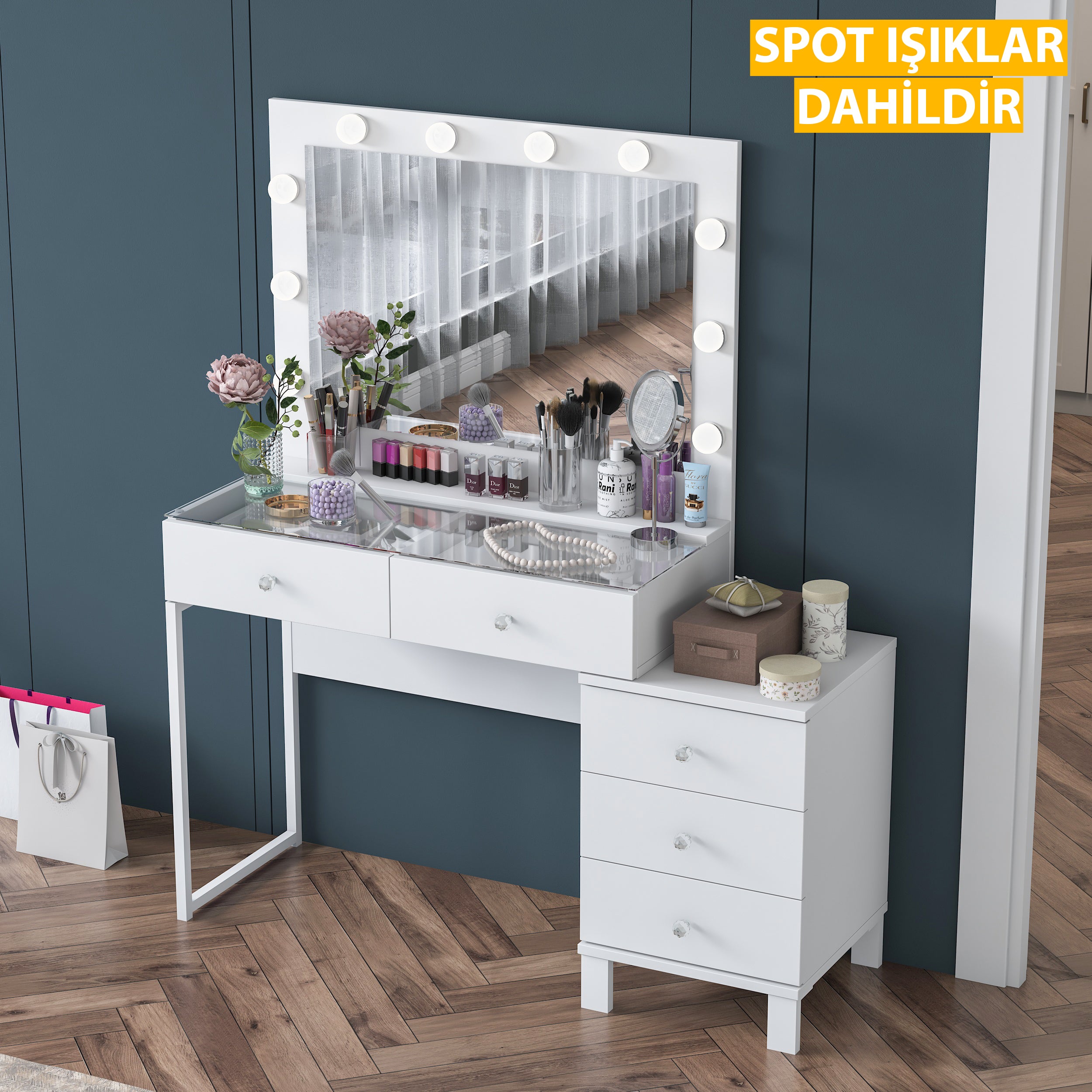 Rani BJ150 Hollywood Işıklı Aynalı Kulis Makyaj Masası Cam Tablalı 5 Çekmeceli Takı Düzenleyici Beyaz