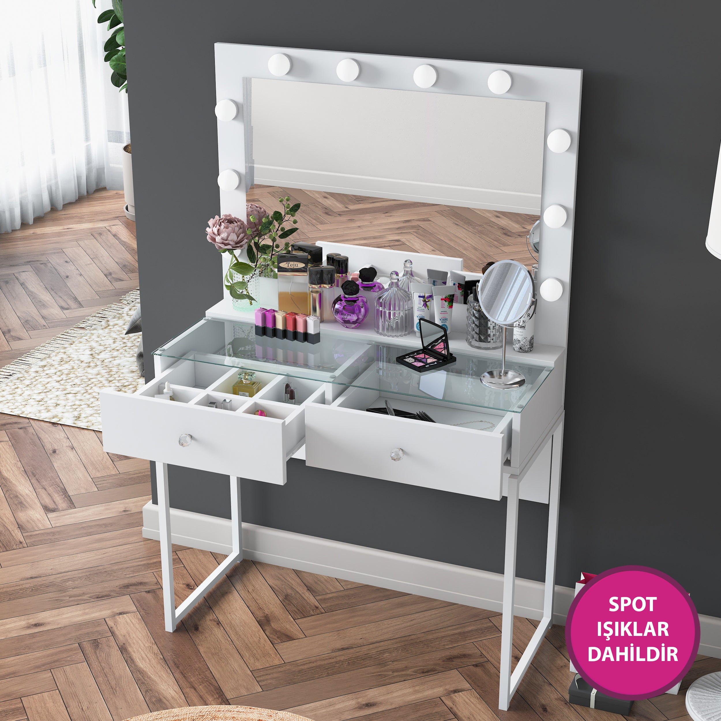 Rani BJ146 Hollywood Işıklı Aynalı Kulis Makyaj Masası Cam Tablalı 2 Çekmeceli Takı Düzenleyici Beyaz