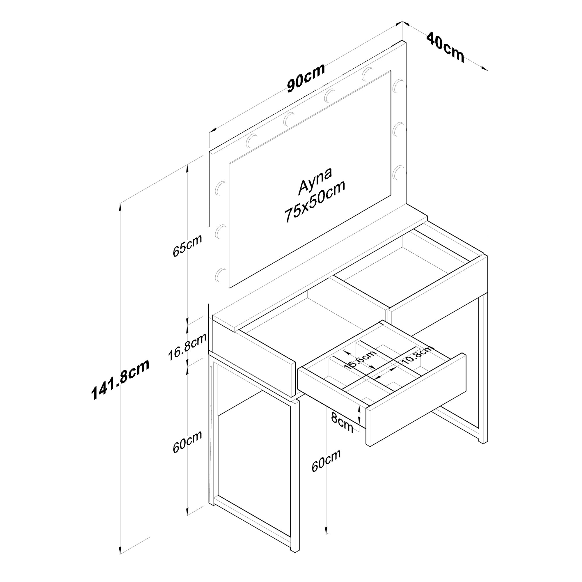 Rani BJ146 Hollywood Işıklı Aynalı Kulis Makyaj Masası 2 Çekmeceli Takı Düzenleyici Beyaz