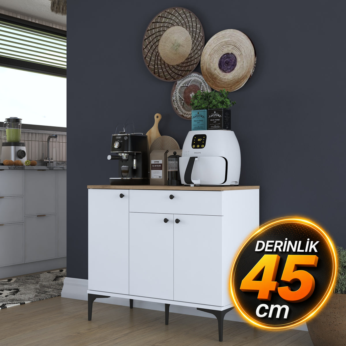 Rani JE194 Kahve Köşesi Çok Amaçlı Dolap 3 Kapaklı 1 Çekmeceli Kiler Mutfak Dolabı Beyaz - Sepet Ceviz
