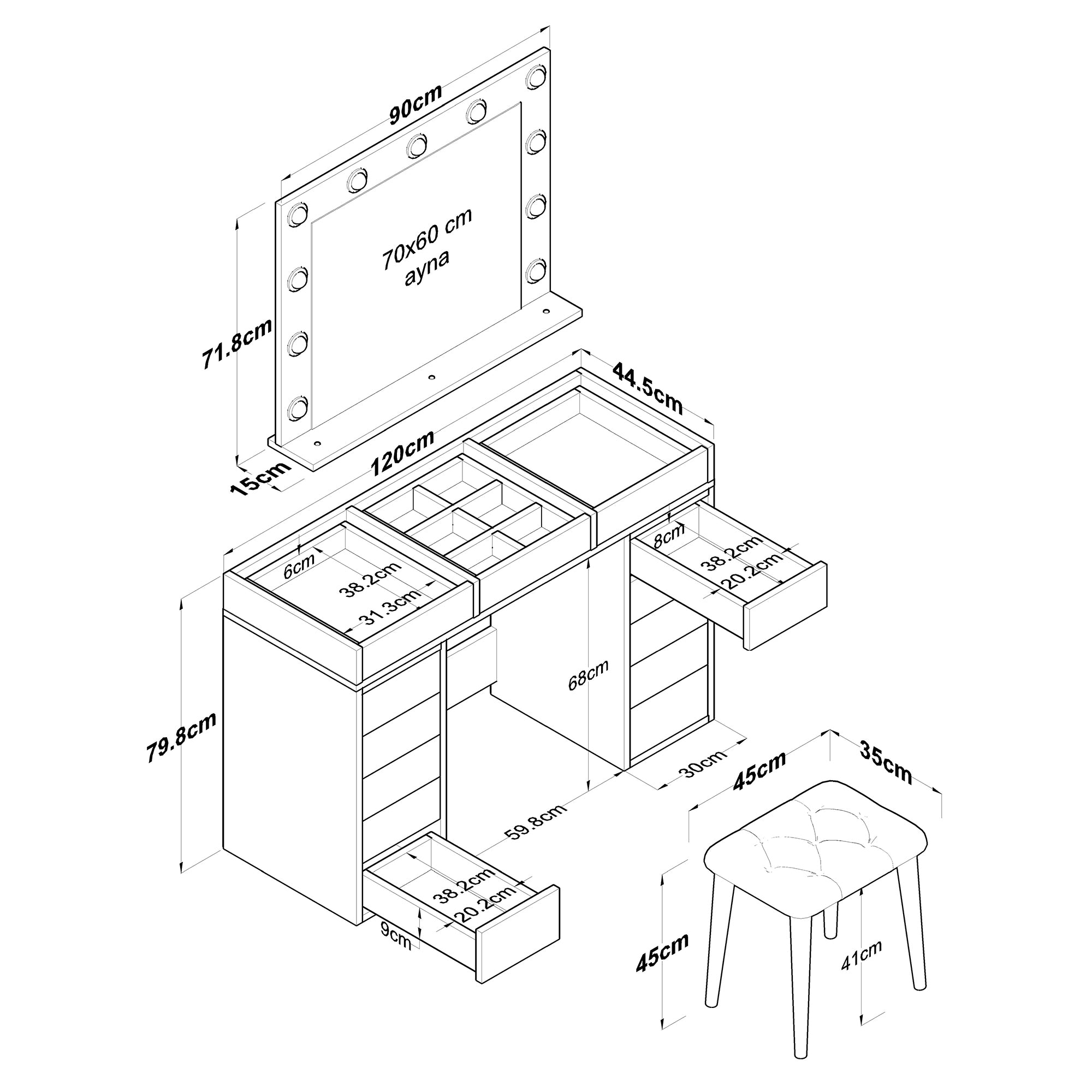 Rani BJ156 Hollywood Işıklı Aynalı Kulis Makyaj Masası Cam Tablalı 13 Çekmeceli Takı Düzenleyici Puf Takım Beyaz