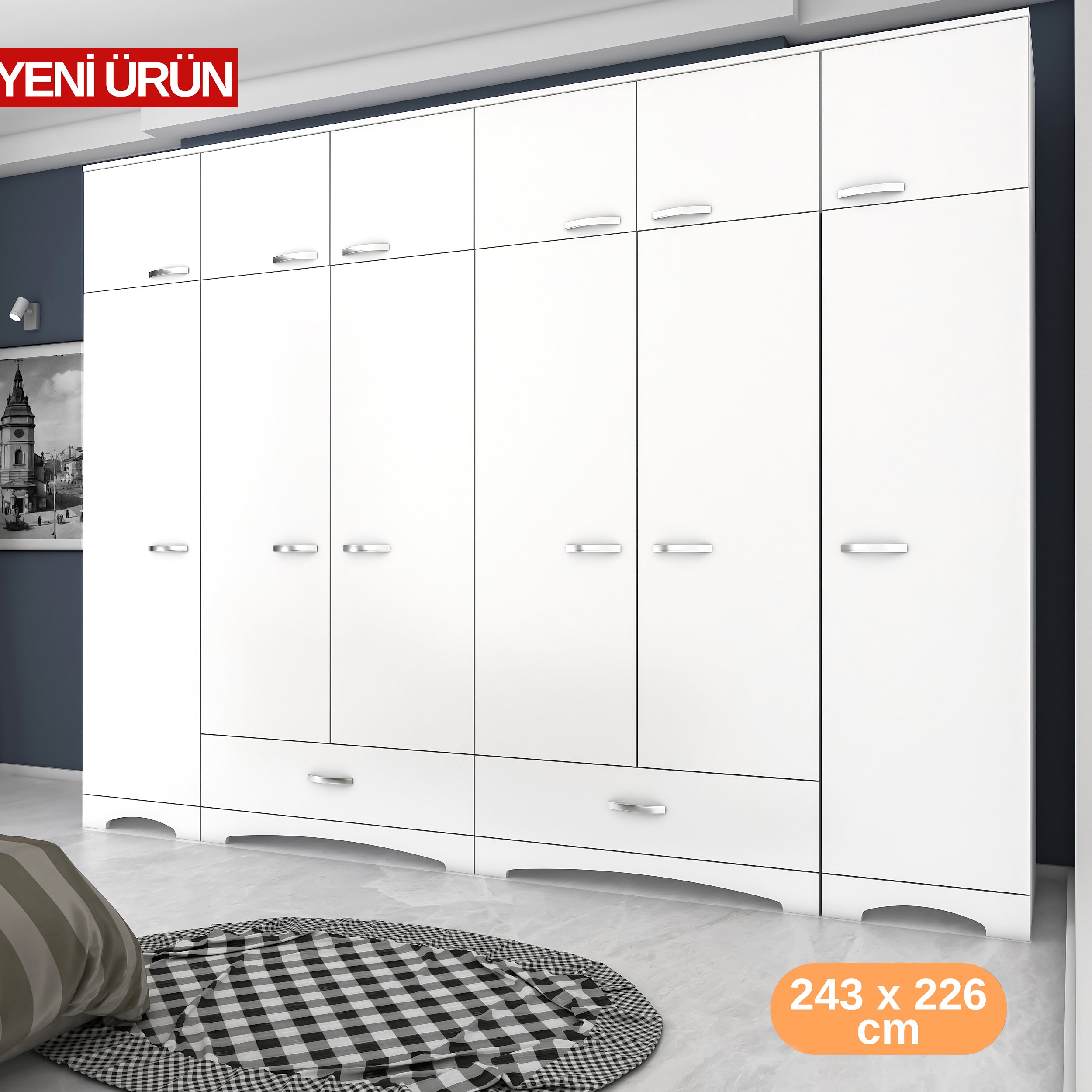 Rani BA133 Geniş Gardırop Elbise Dolabı 12 Kapaklı 2 Çekmeceli 16 Raflı 2 Askılı Beyaz