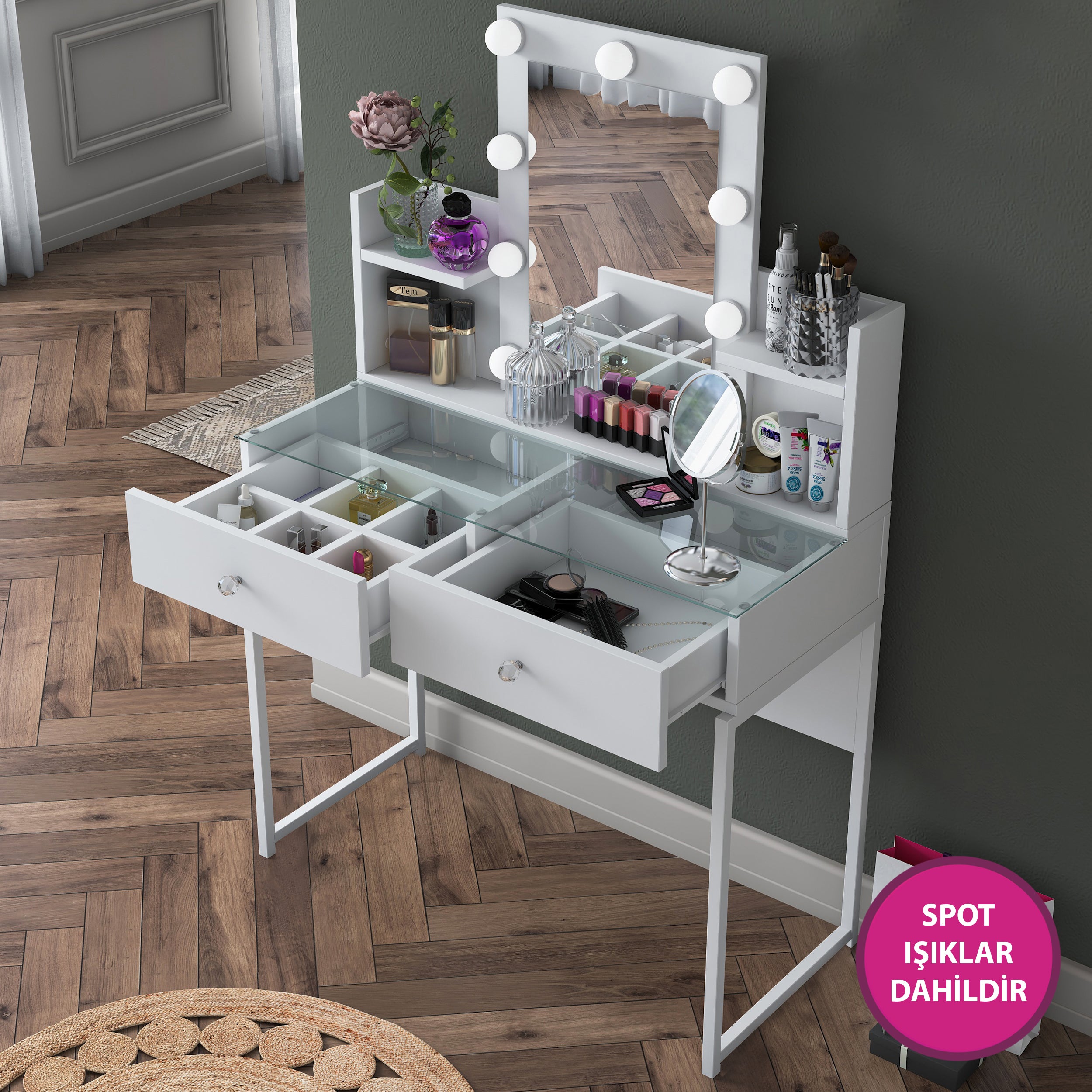 Rani BJ145 Hollywood Işıklı Aynalı Kulis Makyaj Masası Cam Tablalı 2 Çekmeceli Takı Düzenleyici Beyaz
