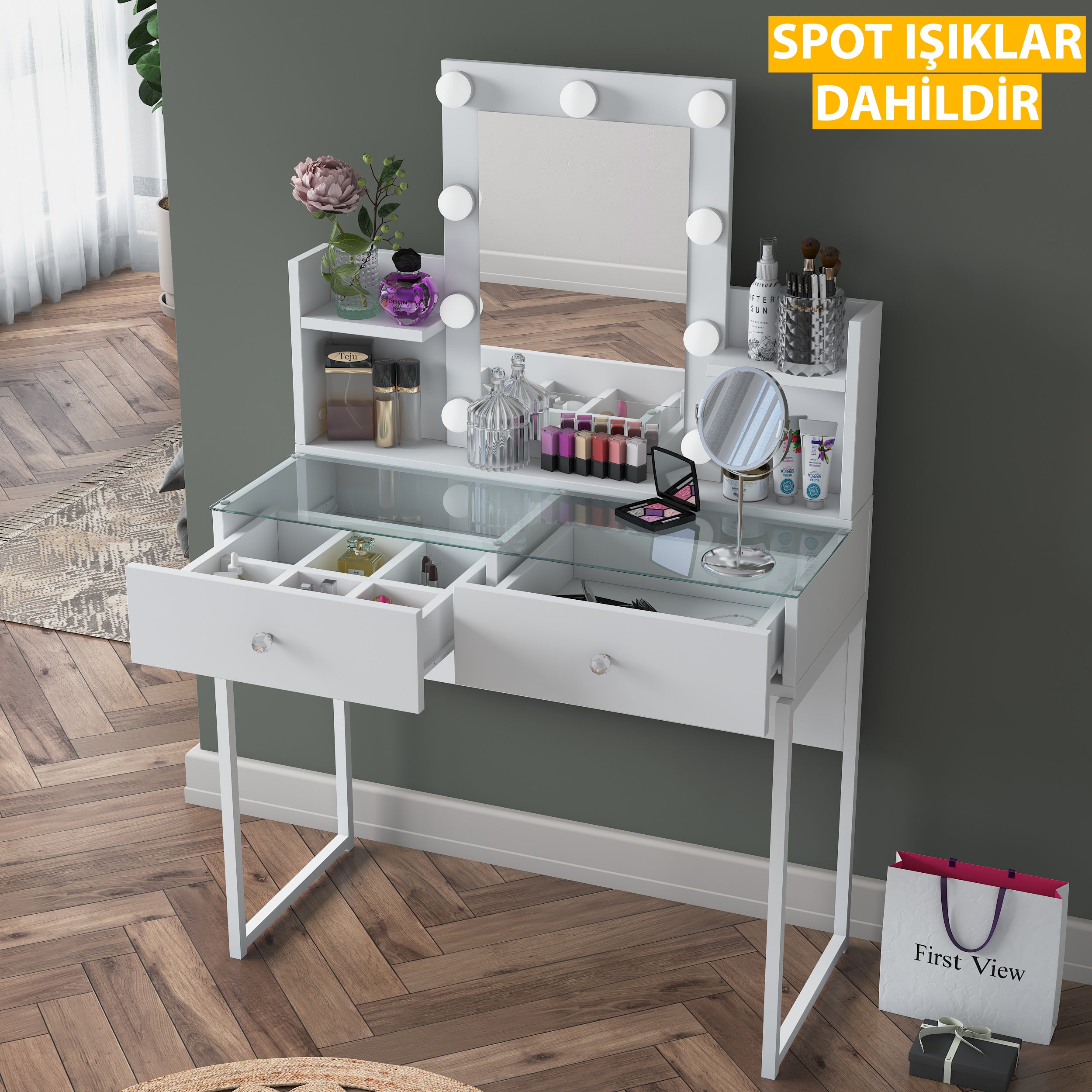 Rani BJ145 Hollywood Işıklı Aynalı Kulis Makyaj Masası Cam Tablalı 2 Çekmeceli Takı Düzenleyici Beyaz