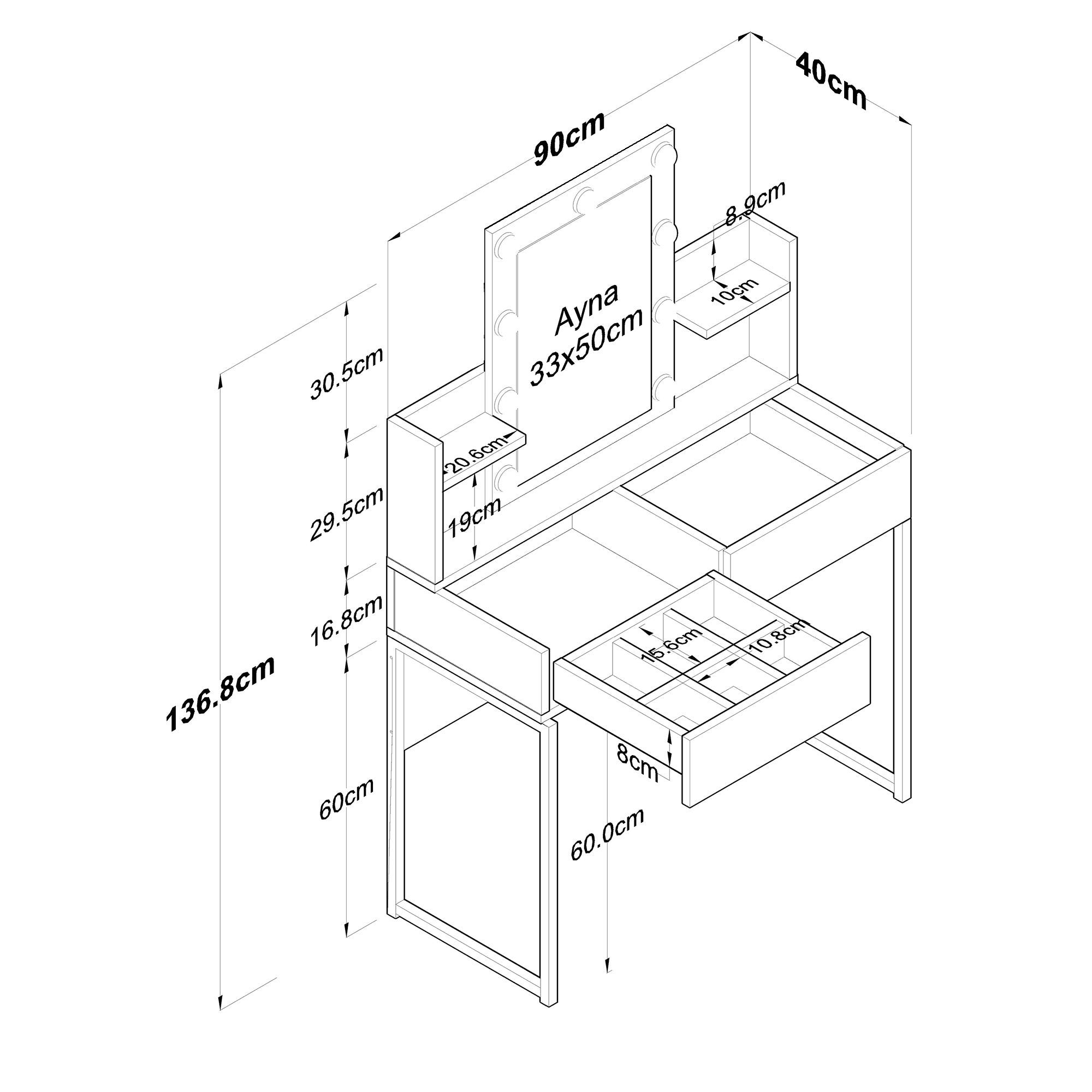 Rani BJ145 Hollywood Işıklı Aynalı Kulis Makyaj Masası 2 Çekmeceli Takı Düzenleyici Beyaz
