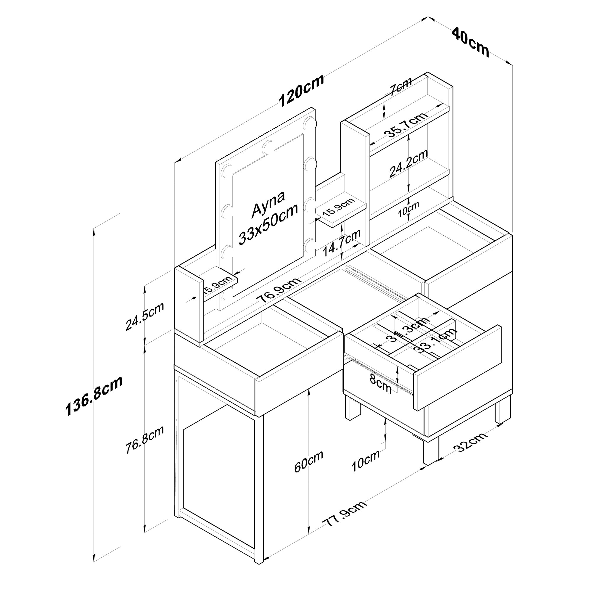 Rani BJ139 Hollywood Işıklı Aynalı Kulis Makyaj Masası Cam Tablalı 3 Çekmeceli Kapaklı Takı Düzenleyici Beyaz