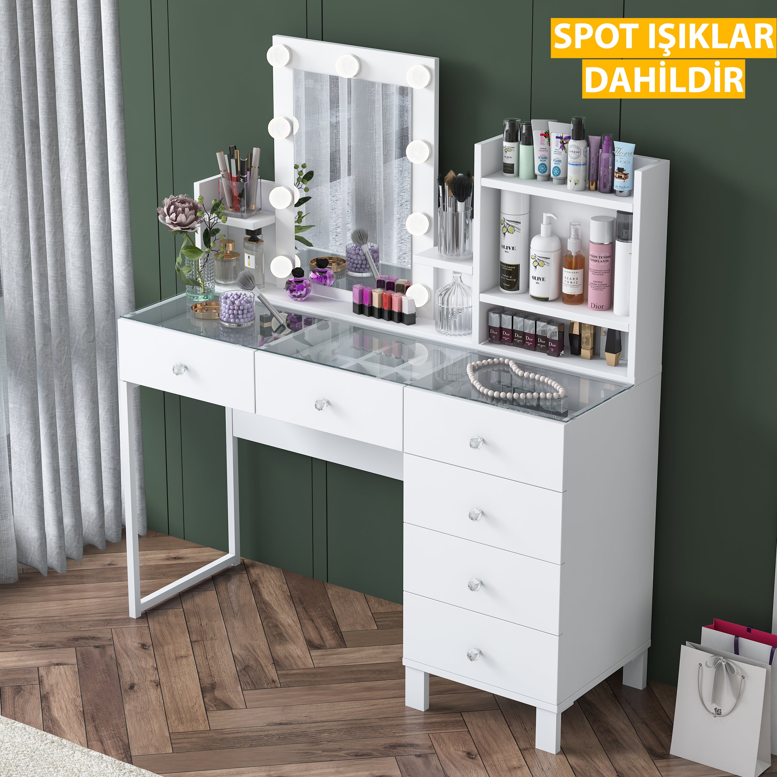 Rani BJ141 Hollywood Işıklı Aynalı Kulis Makyaj Masası Cam Tablalı 6 Çekmeceli Takı Düzenleyici Beyaz