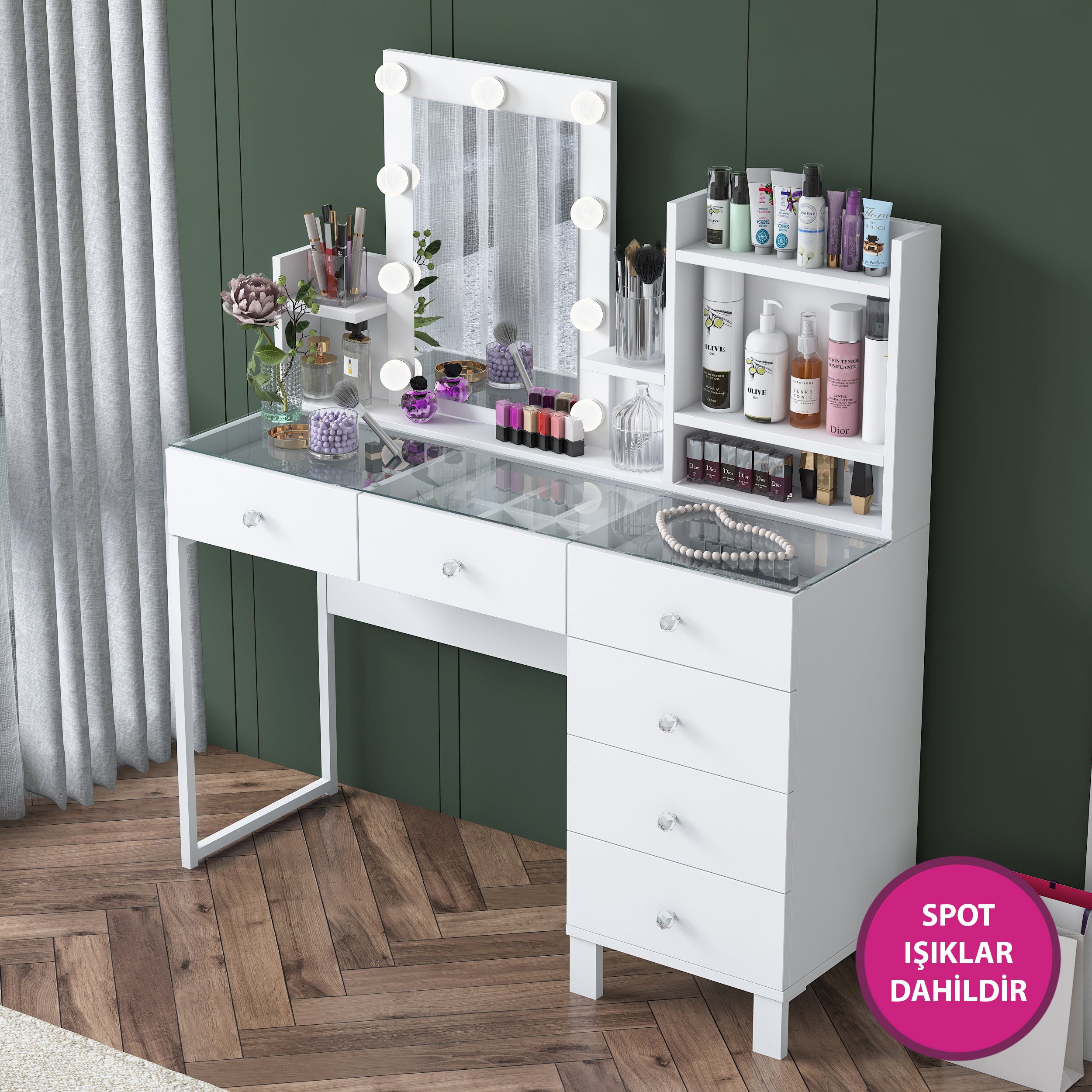 Rani BJ141 Hollywood Işıklı Aynalı Kulis Makyaj Masası Cam Tablalı 6 Çekmeceli Takı Düzenleyici Beyaz