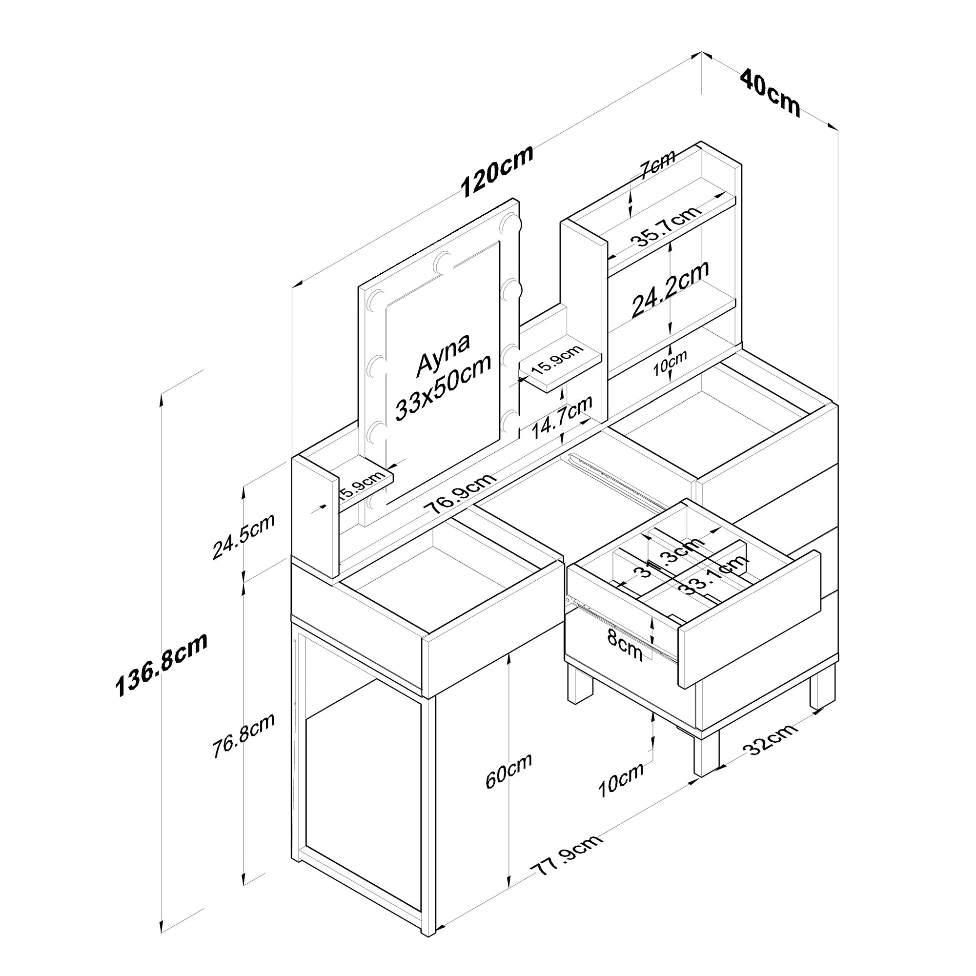 Rani BJ141 Hollywood Işıklı Aynalı Kulis Makyaj Masası Cam Tablalı 6 Çekmeceli Takı Düzenleyici Beyaz