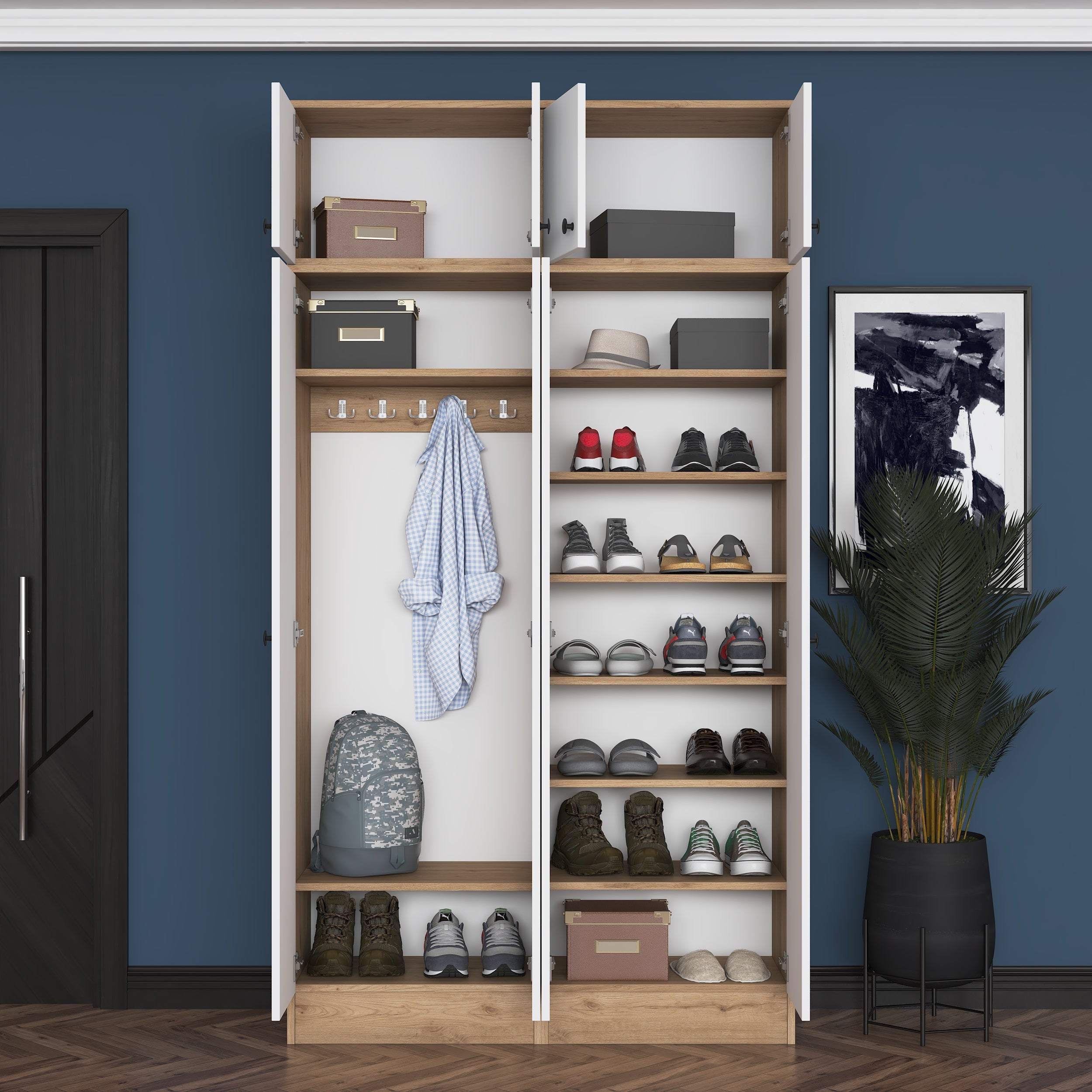 Rani EA146 Modern Portmanto 8 Kapaklı Raflı Askılı Ayakkabılık Vestiyer Sepet Ceviz - Beyaz