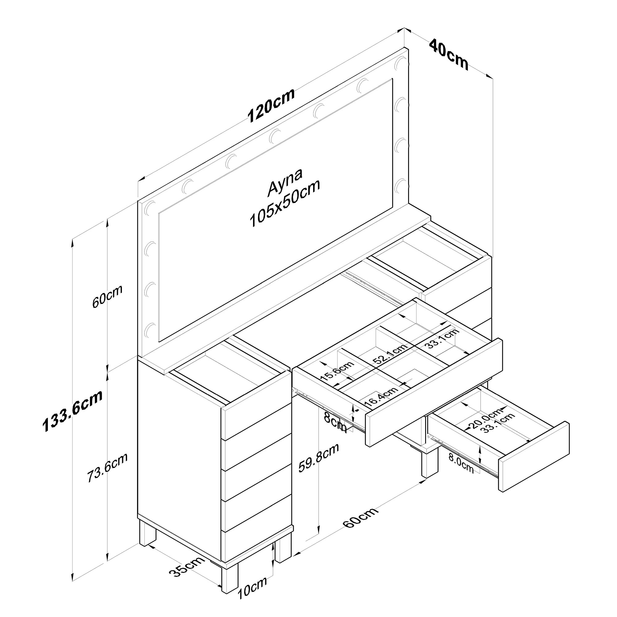 Rani BJ137 Hollywood Işıklı Aynalı Kulis Makyaj Masası Cam Tablalı 11 Çekmeceli Takı Düzenleyici Beyaz