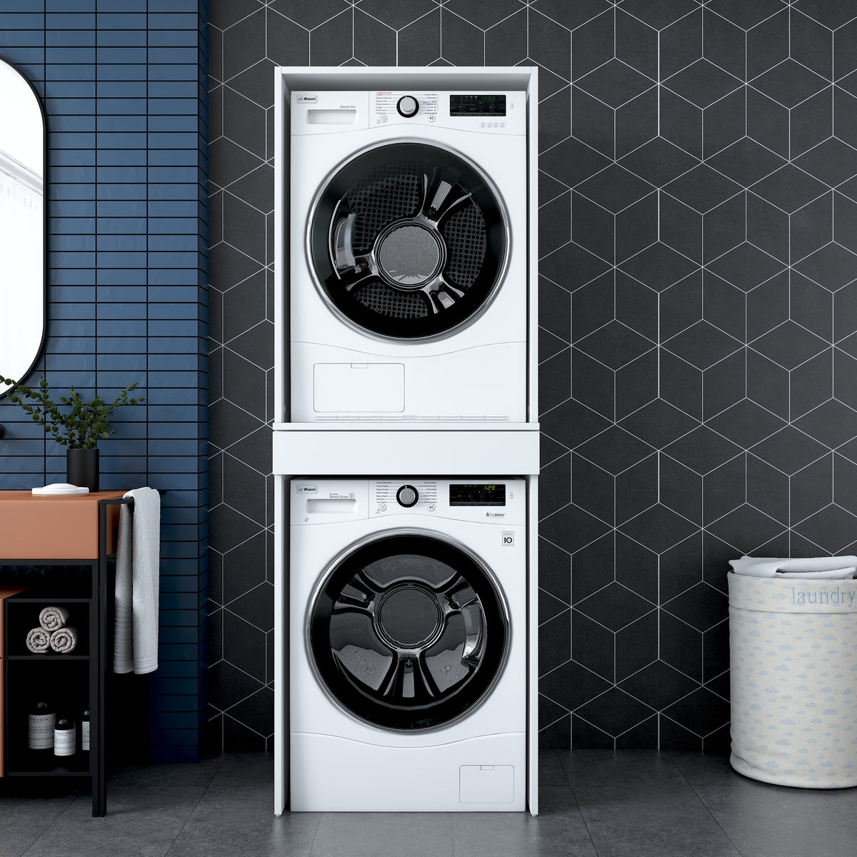 Rani KD123 Çamaşır Ve Kurutma Makinesi Dolabı Çekmeceli Banyo Dolabı Beyaz