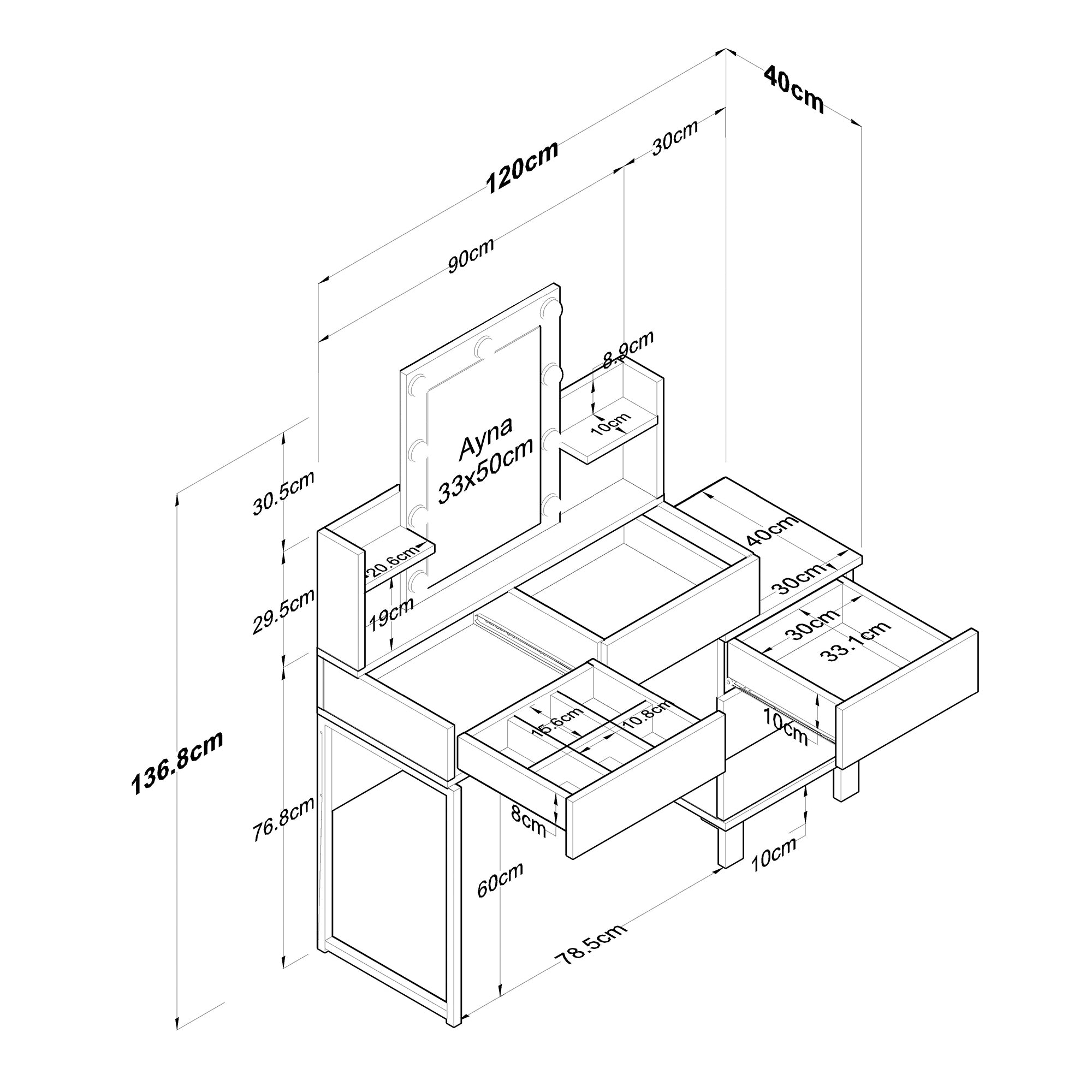 Rani BJ152 Hollywood Işıklı Aynalı Kulis Makyaj Masası Cam Tablalı 5 Çekmeceli Takı Düzenleyici Beyaz