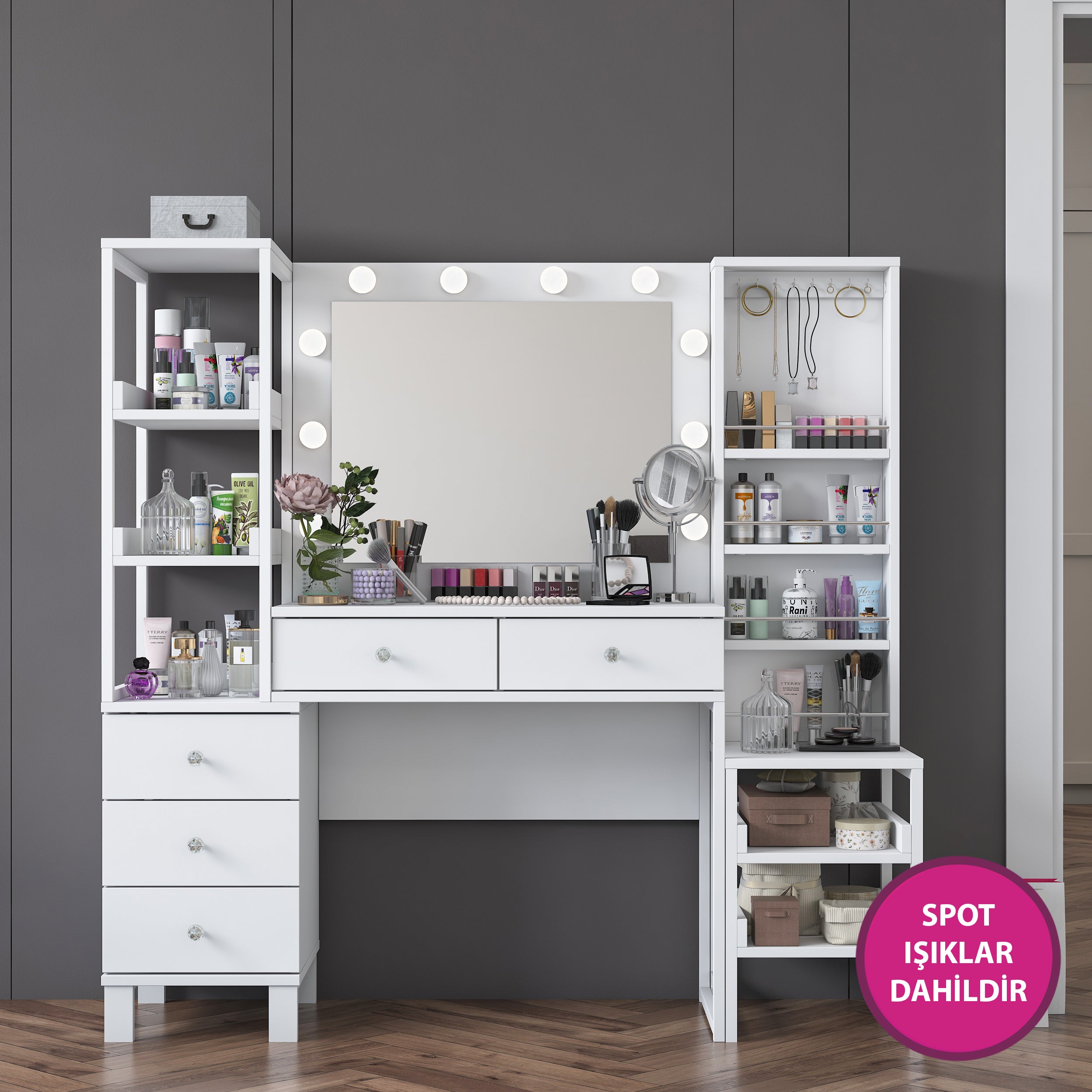 Rani BJ154 Hollywood Işıklı Aynalı Kulis Makyaj Masası 5 Çekmeceli Açık Raflı Takı Düzenleyici Beyaz