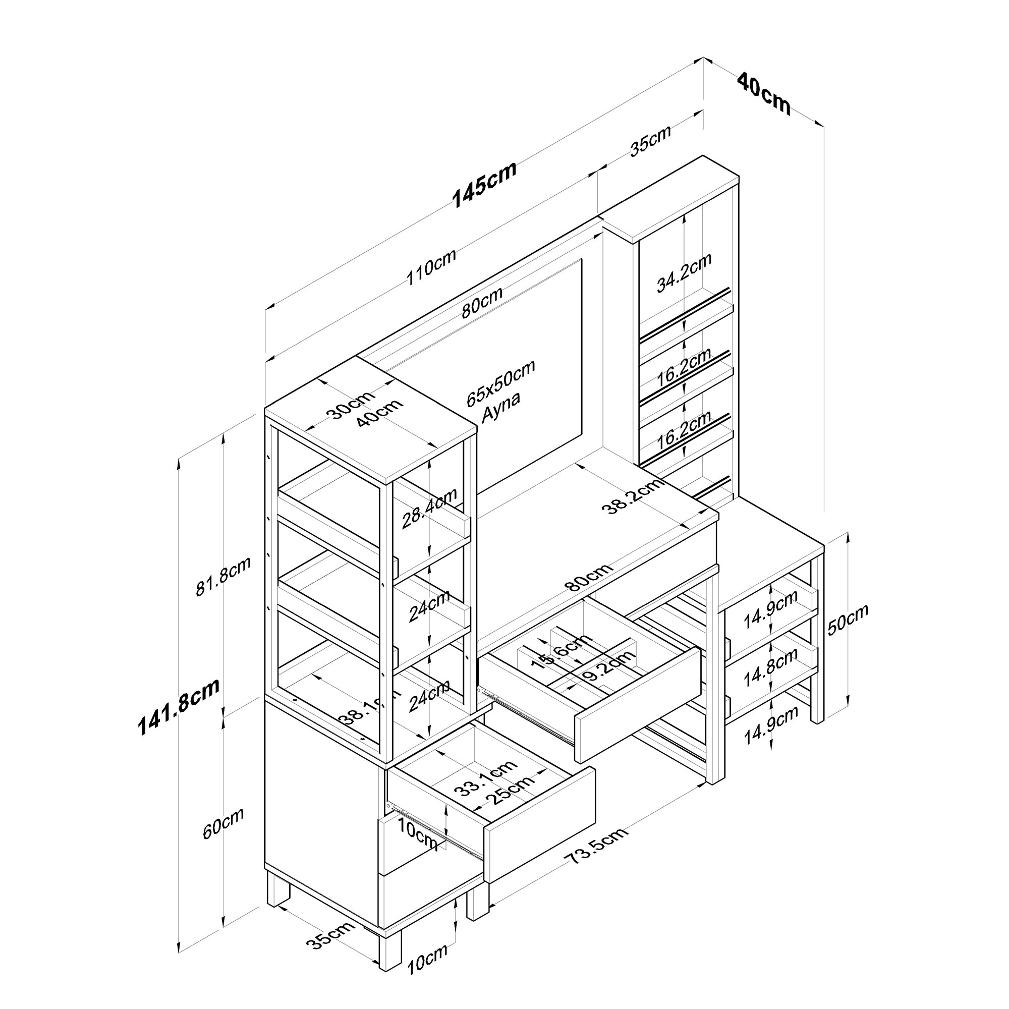 Rani BJ154 Hollywood Işıklı Aynalı Kulis Makyaj Masası 5 Çekmeceli Açık Raflı Takı Düzenleyici Beyaz