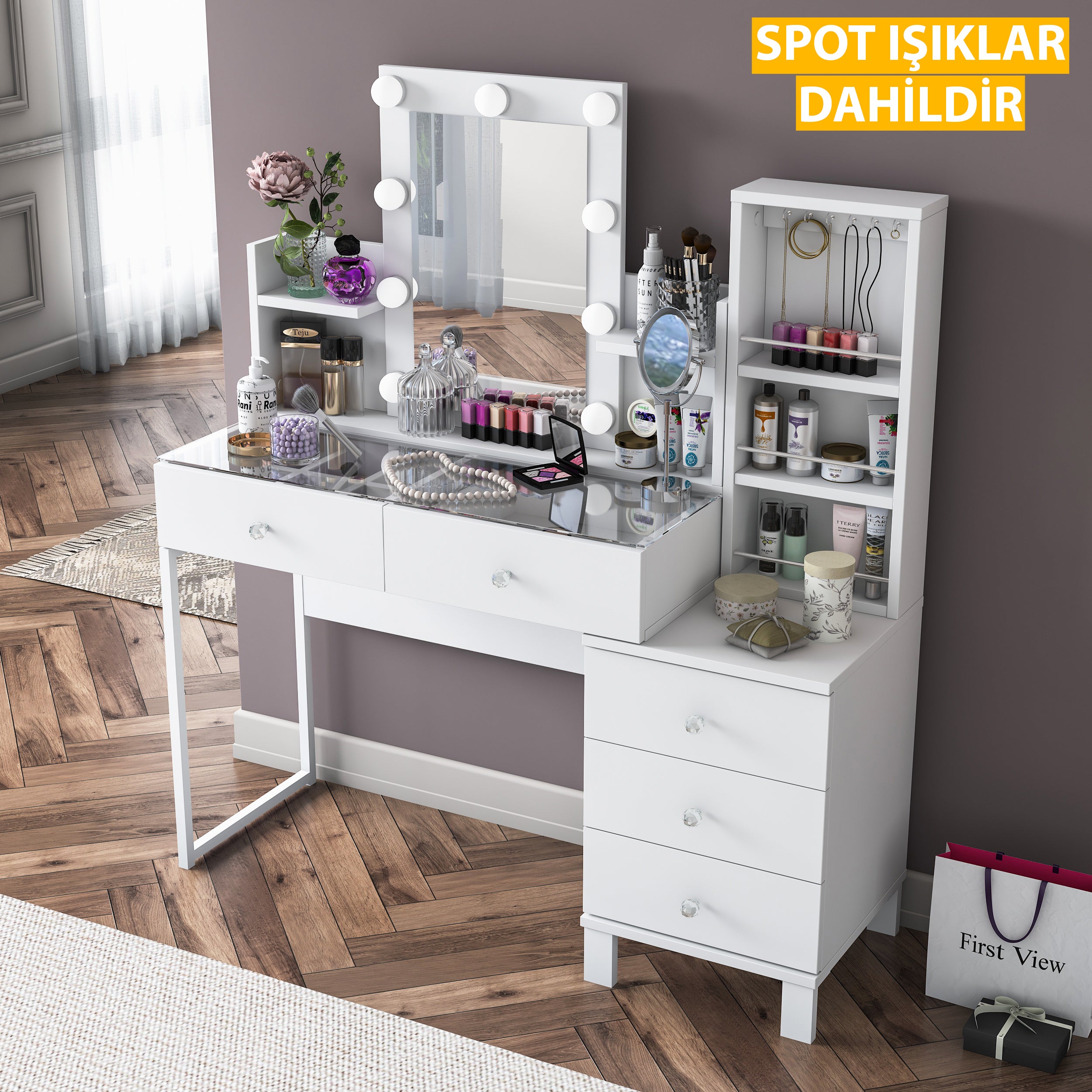 Rani BJ153 Hollywood Işıklı Aynalı Kulis Makyaj Masası Cam Tablalı 5 Çekmeceli Takı Düzenleyici Beyaz
