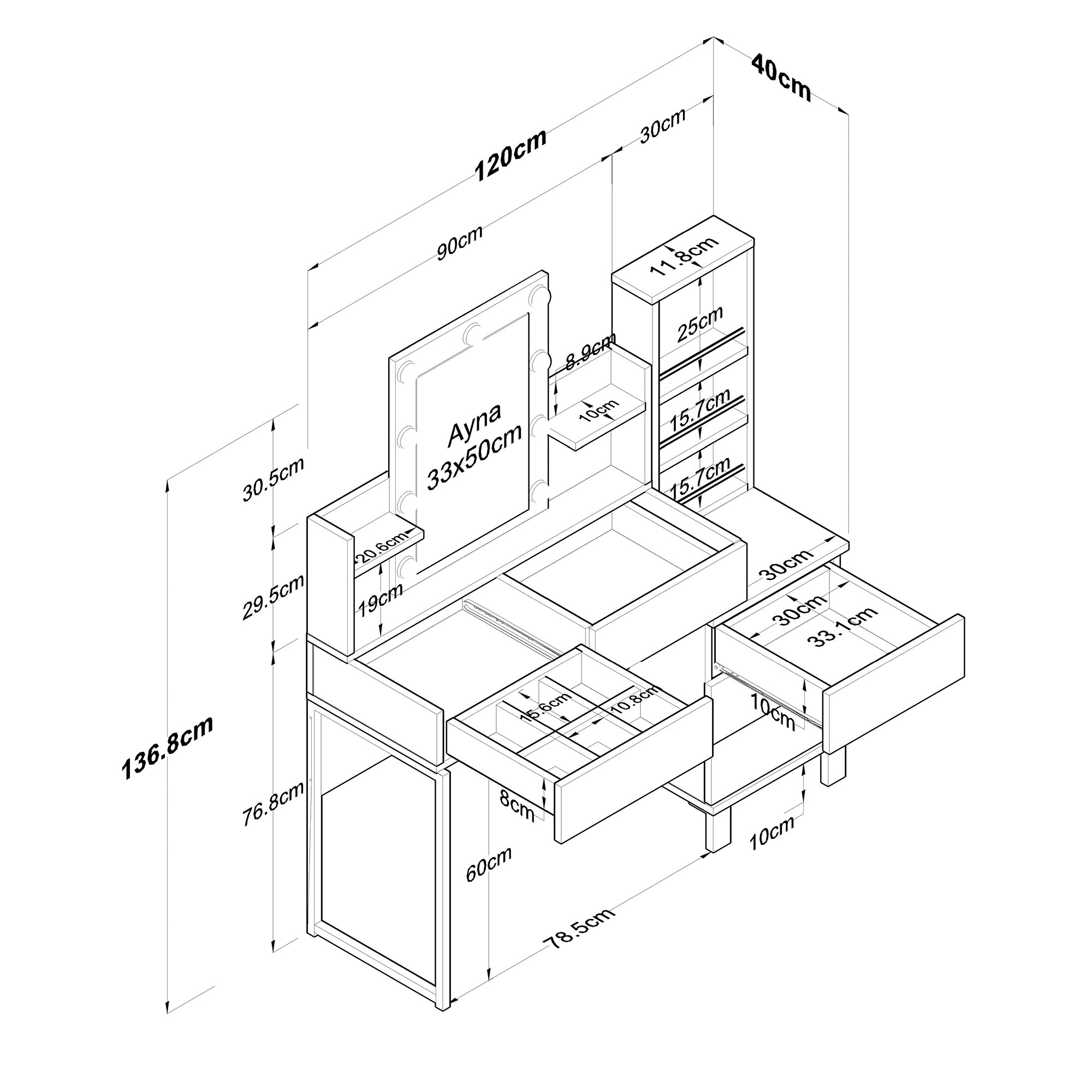 Rani BJ153 Hollywood Işıklı Aynalı Kulis Makyaj Masası Cam Tablalı 5 Çekmeceli Takı Düzenleyici Beyaz