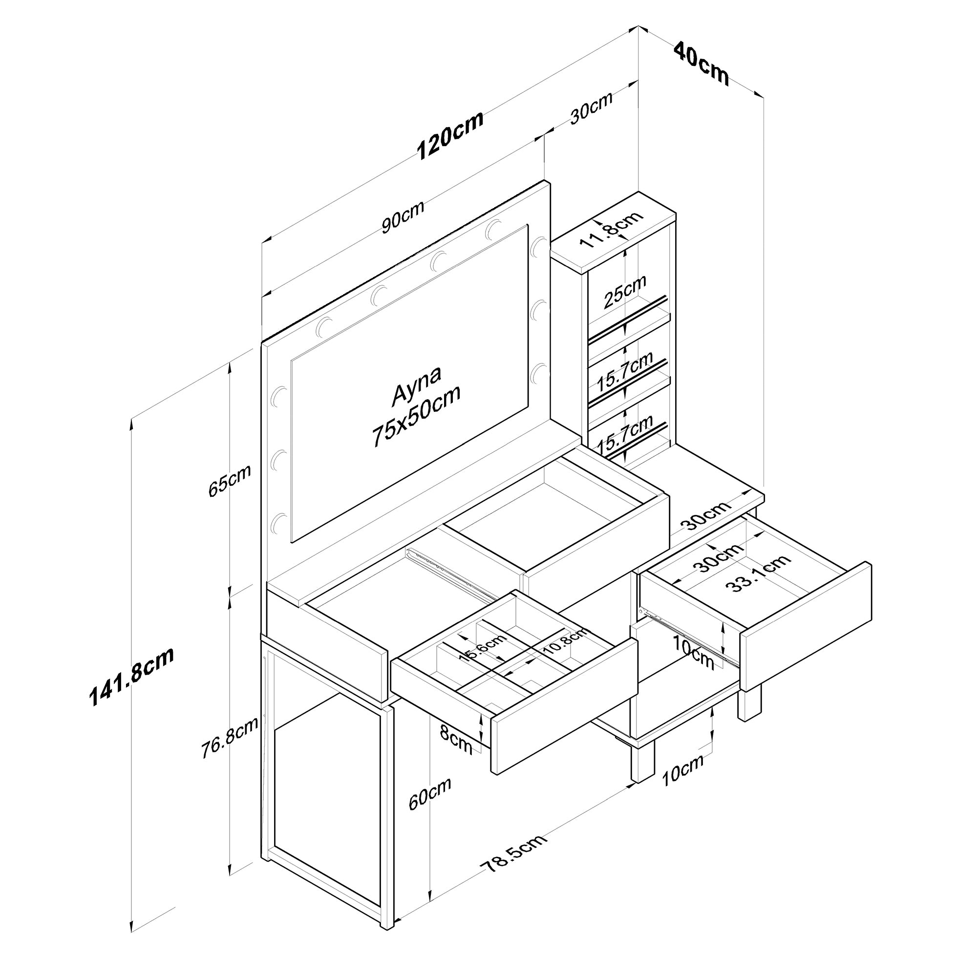 Rani BJ151 Hollywood Işıklı Aynalı Kulis Makyaj Masası Cam Tablalı 5 Çekmeceli Takı Düzenleyici Beyaz