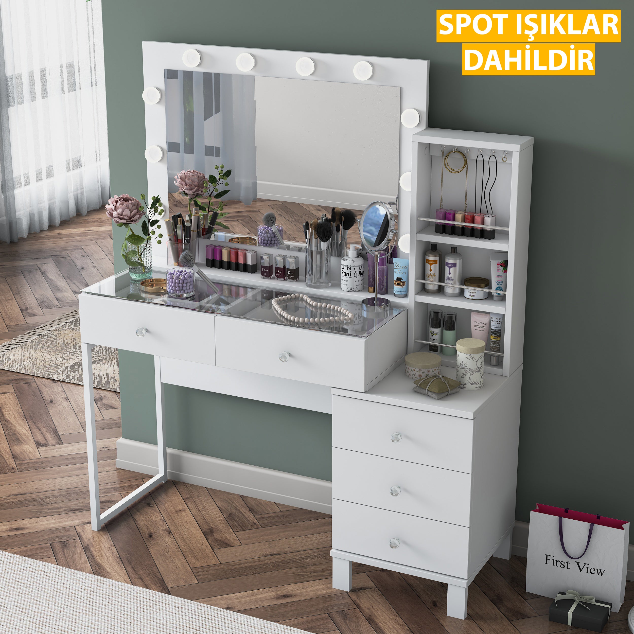 Rani BJ151 Hollywood Işıklı Aynalı Kulis Makyaj Masası Cam Tablalı 5 Çekmeceli Takı Düzenleyici Beyaz