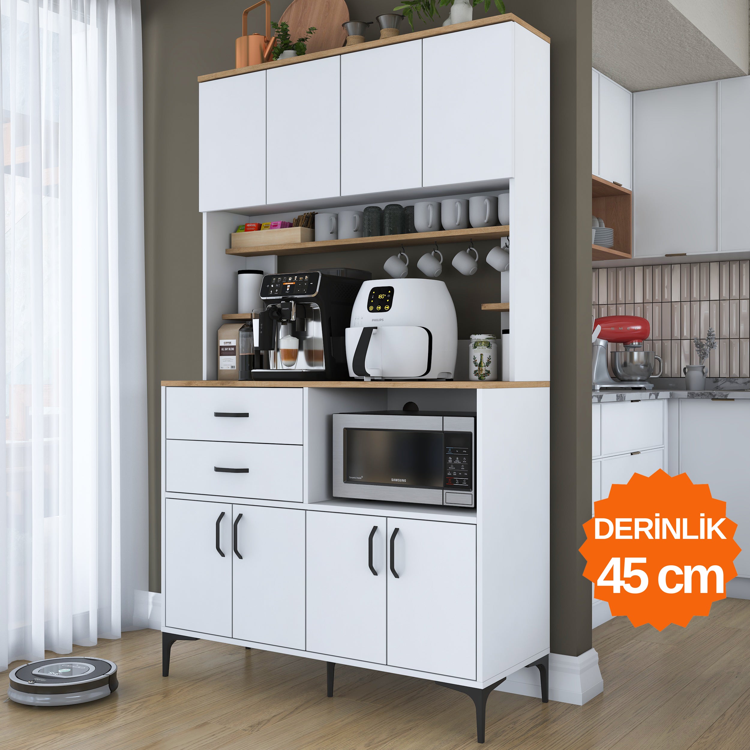 Rani JE208 Çok Amaçlı Dolap 8 Kapaklı 2 Çekmeceli Kiler Mutfak Dolabı Beyaz - Sepet Ceviz