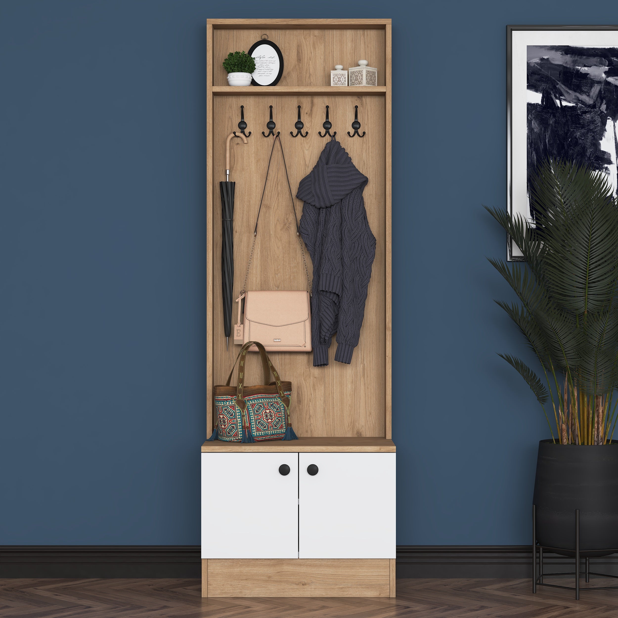 Rani P6 Modern Kapaklı Askılı Raflı Portmanto Vestiyer Sepet Ceviz - Beyaz M16