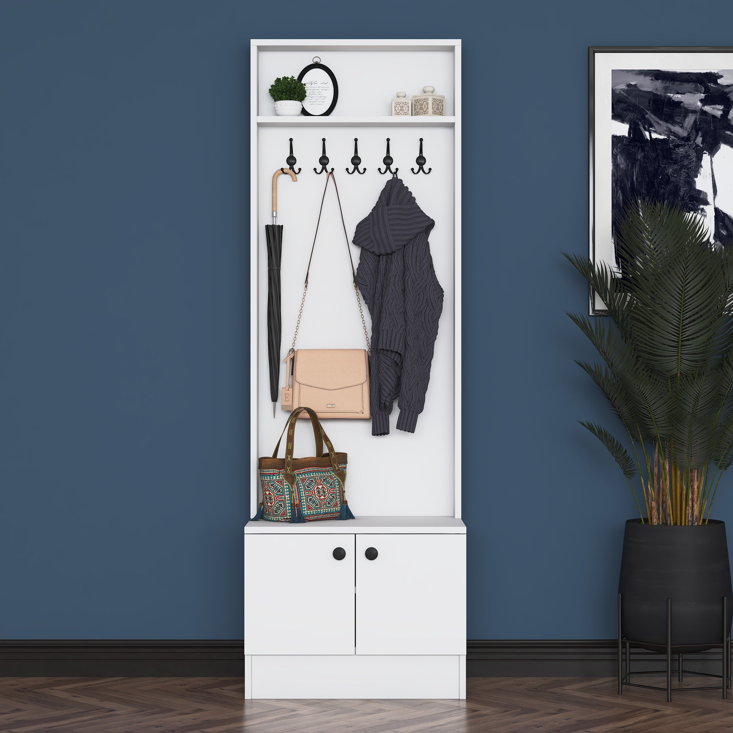 Rani P6 Modern Kapaklı Askılı Raflı Portmanto Vestiyer Beyaz M16