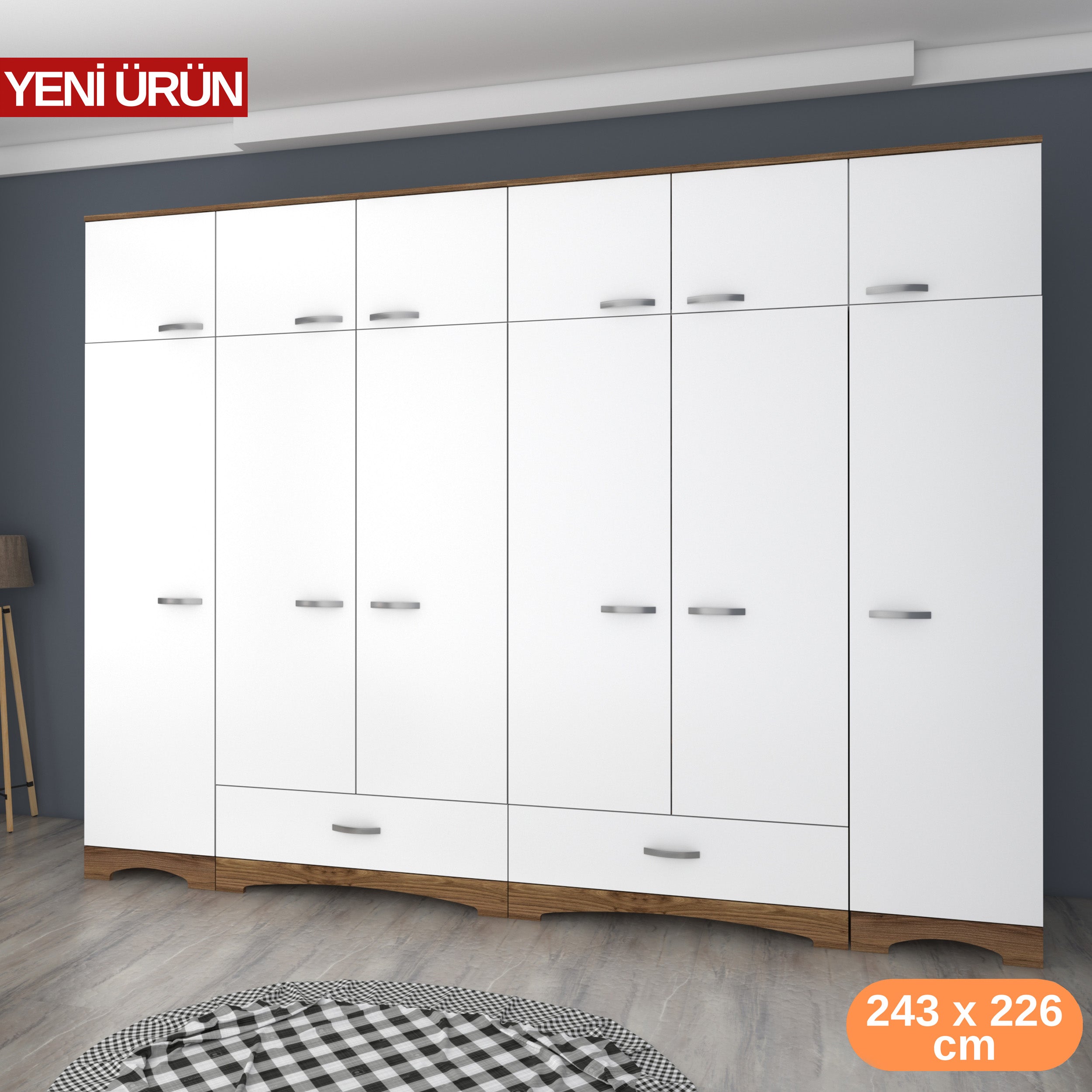 Rani BA133 Geniş Gardırop Elbise Dolabı 12 Kapaklı 2 Çekmeceli 16 Raflı 2 Askılı Minyatür Ceviz - Beyaz