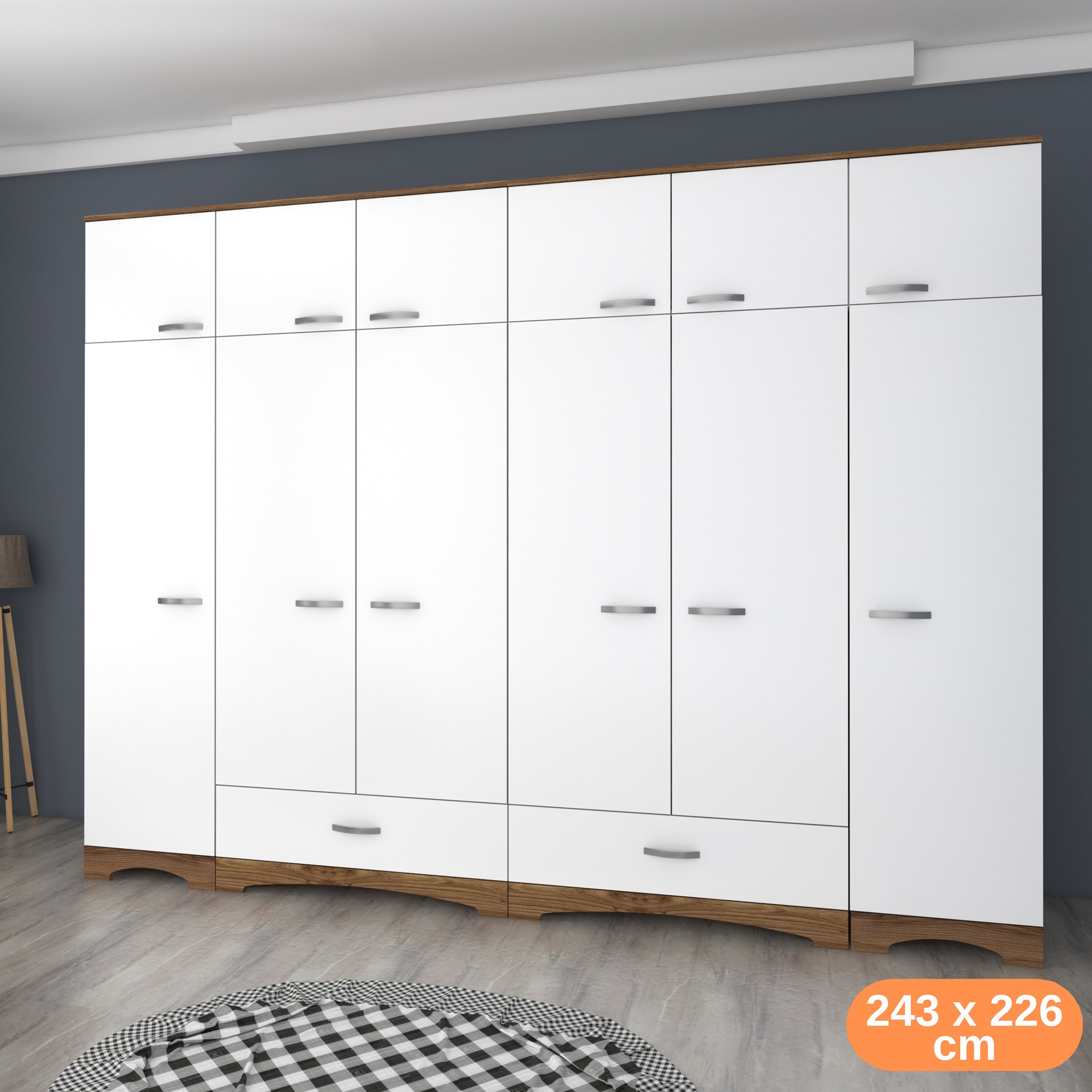 Rani BA133 Geniş Gardırop Elbise Dolabı 12 Kapaklı 2 Çekmeceli 16 Raflı 2 Askılı Minyatür Ceviz - Beyaz