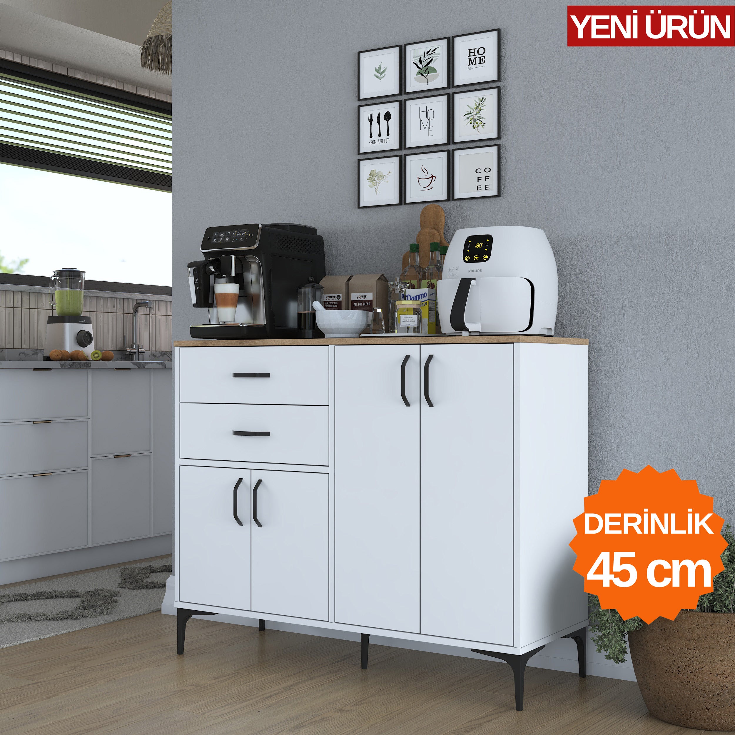 Rani JE210 Kahve Köşesi Çok Amaçlı Dolap, 4 kapaklı ve 2 çekmeceli tasarımıyla mutfak ve kiler alanlarında düzen sağlar. Beyaz ve sepet ceviz renk kombinasyonu ile modern bir görünüm sunar.