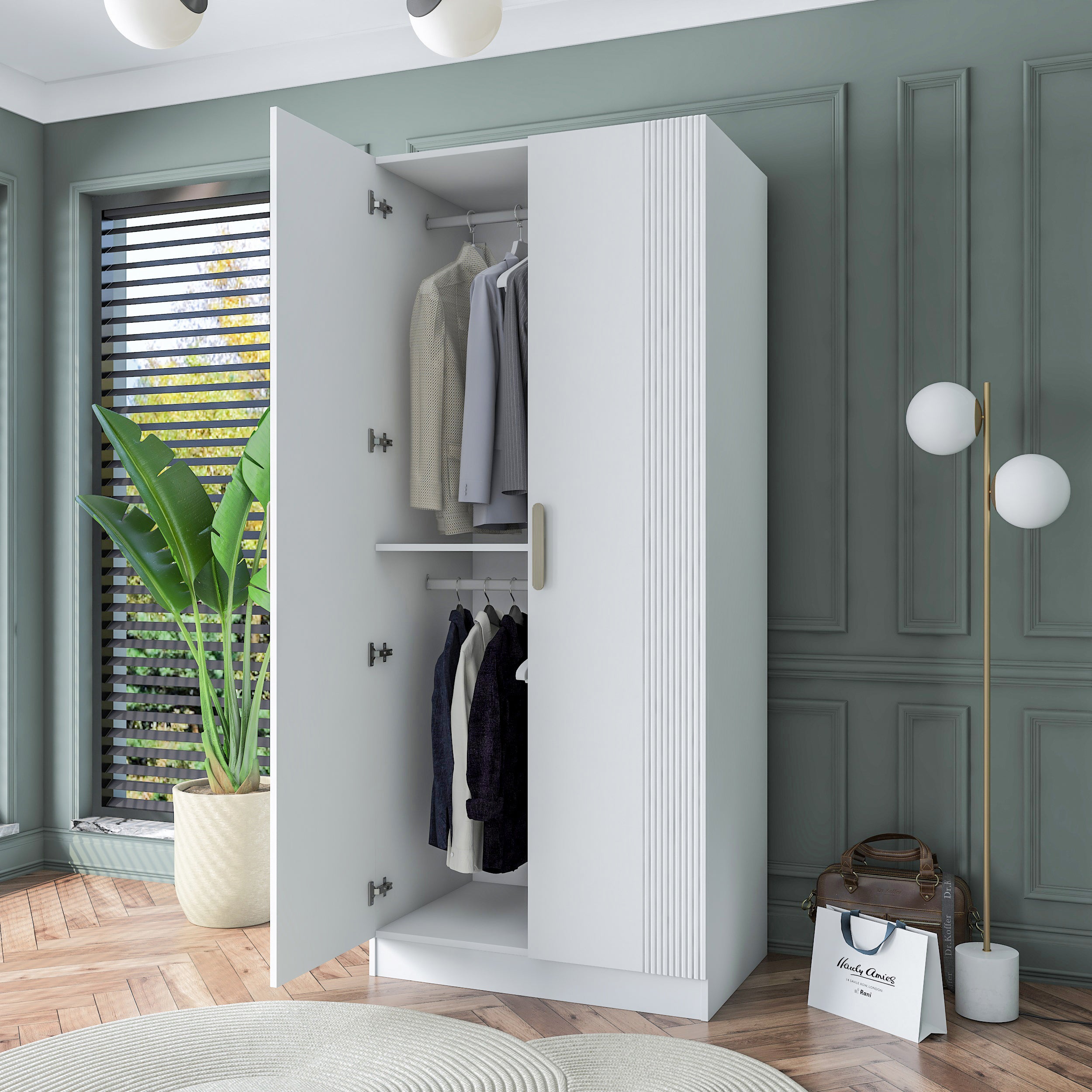 Rani BA179 Membran Kapaklı Gardırop Raflı 2 Askılı 2 Kapaklı Elbise Dolabı Beyaz