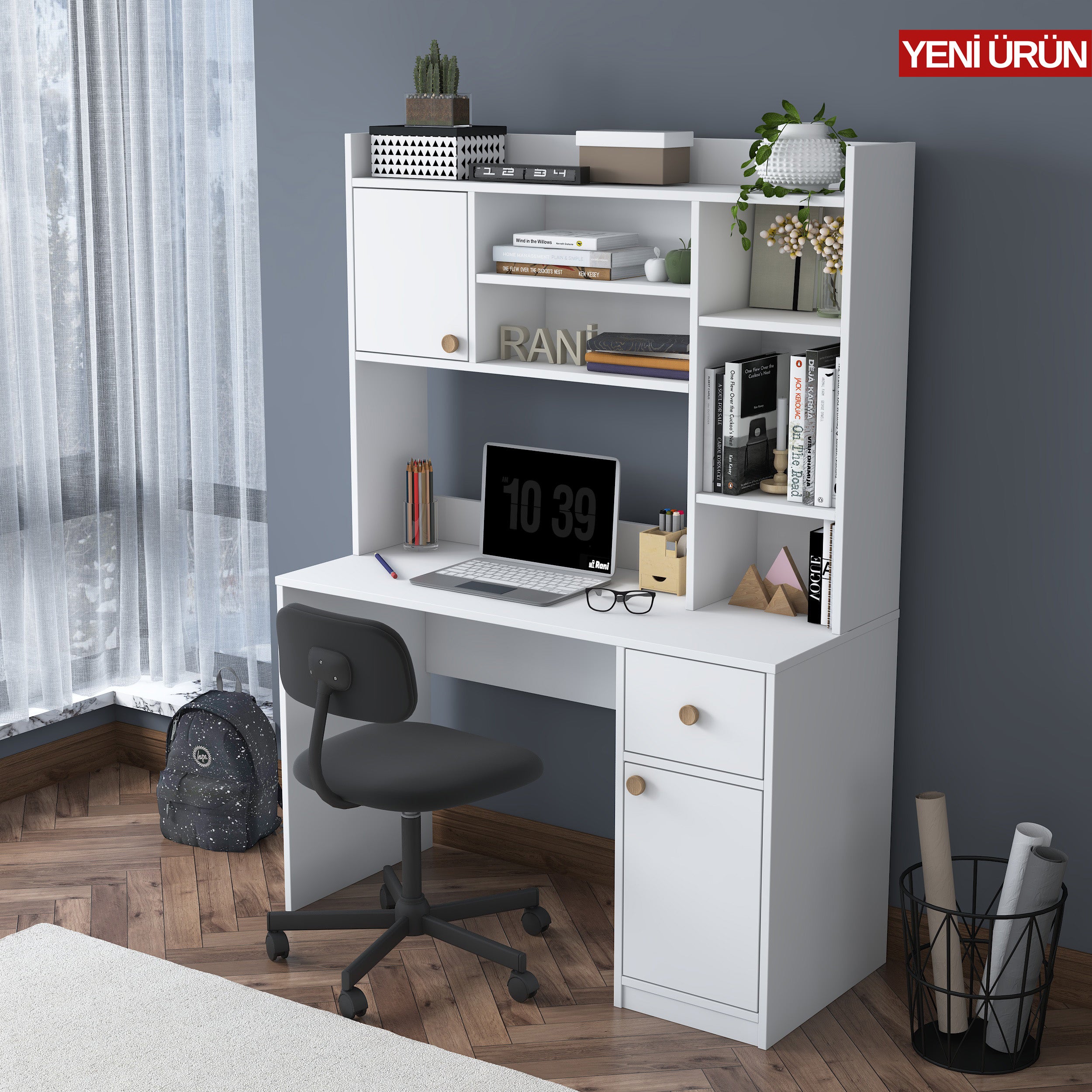 Rani HA128 Kitaplıklı Raflı 2 Kapaklı 1 Çekmeceli Çalışma Ofis Bilgisayar Masası Beyaz
