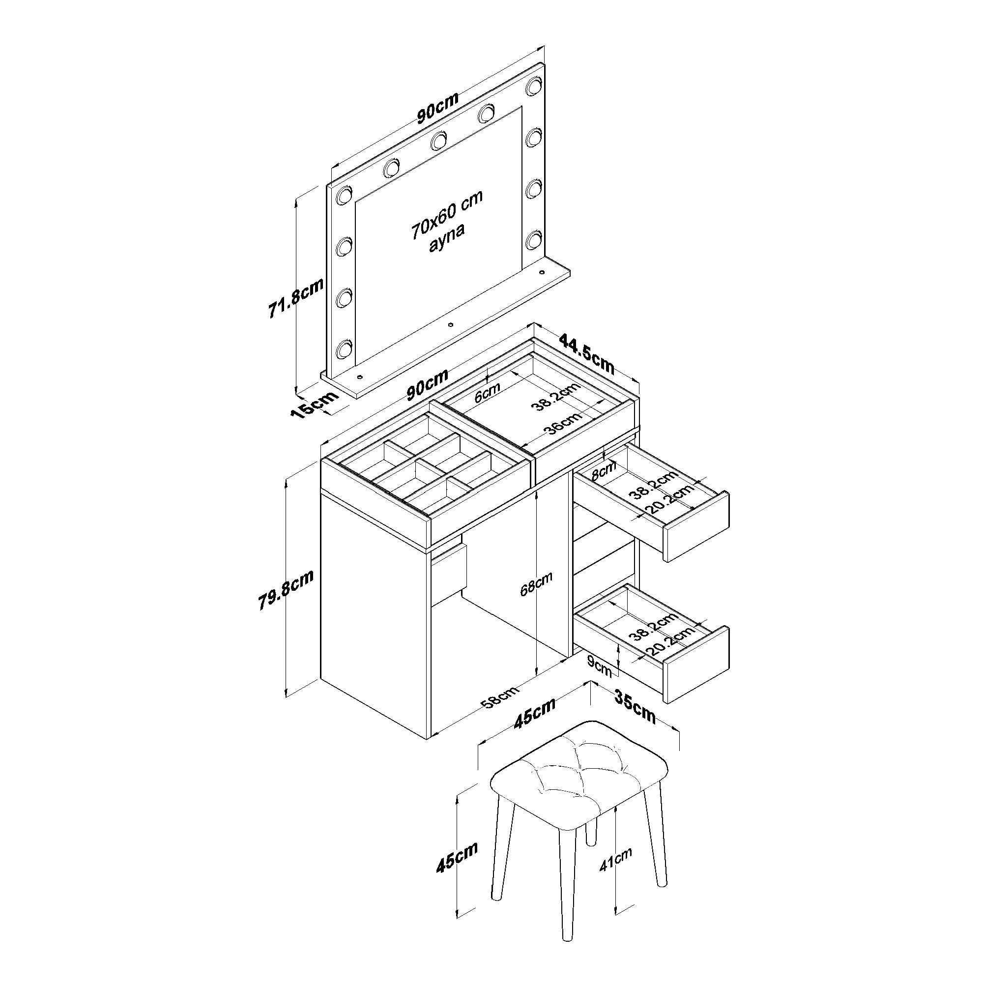 Rani BJ160 Hollywood Işıklı Aynalı Kulis Makyaj Masası Cam Tablalı 7 Çekmeceli Takı Düzenleyici Puf Takım Beyaz