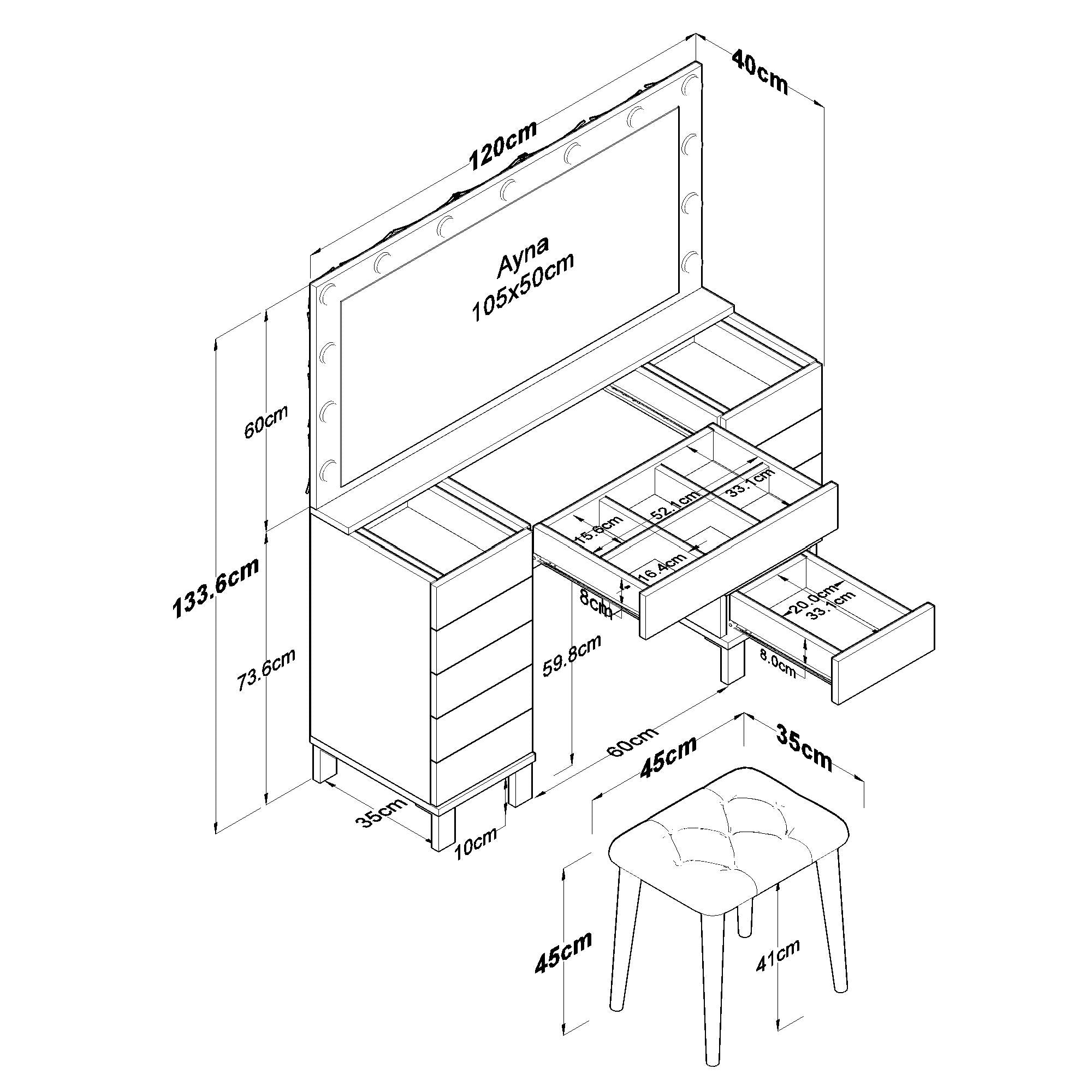Rani BJ163 Hollywood Işıklı Aynalı Kulis Makyaj Masası Cam Tablalı 11 Çekmeceli Takı Düzenleyici Puf Takım Beyaz