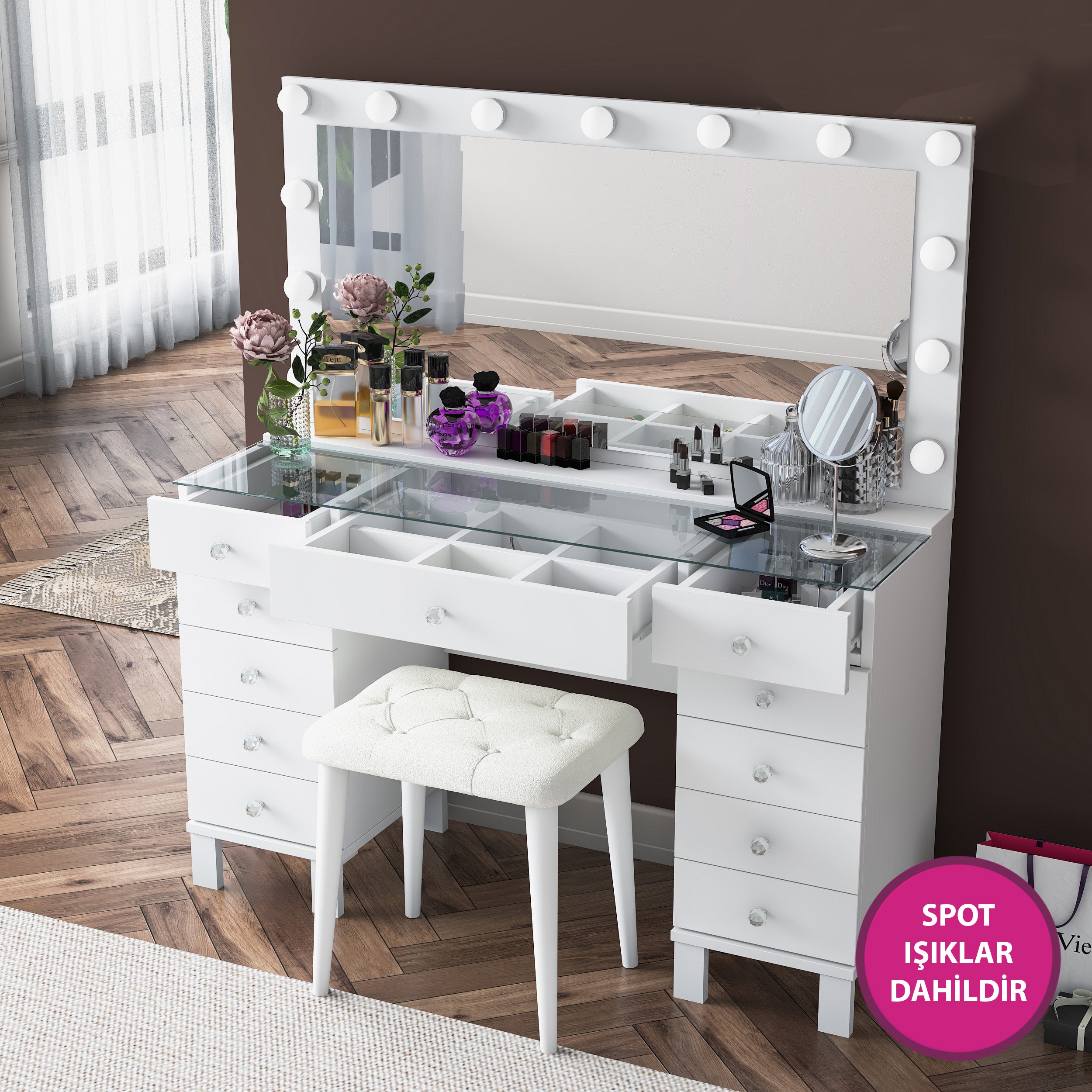 Rani BJ163 Hollywood Işıklı Aynalı Kulis Makyaj Masası Cam Tablalı 11 Çekmeceli Takı Düzenleyici Puf Takım Beyaz