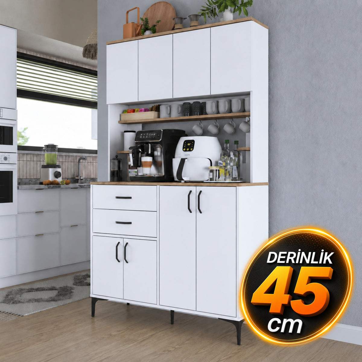 Rani JE212 Kahve Köşesi Çok Amaçlı Dolap 8 Kapaklı 2 Çekmeceli Raflı Kiler Mutfak Dolabı Beyaz - Sepet Ceviz