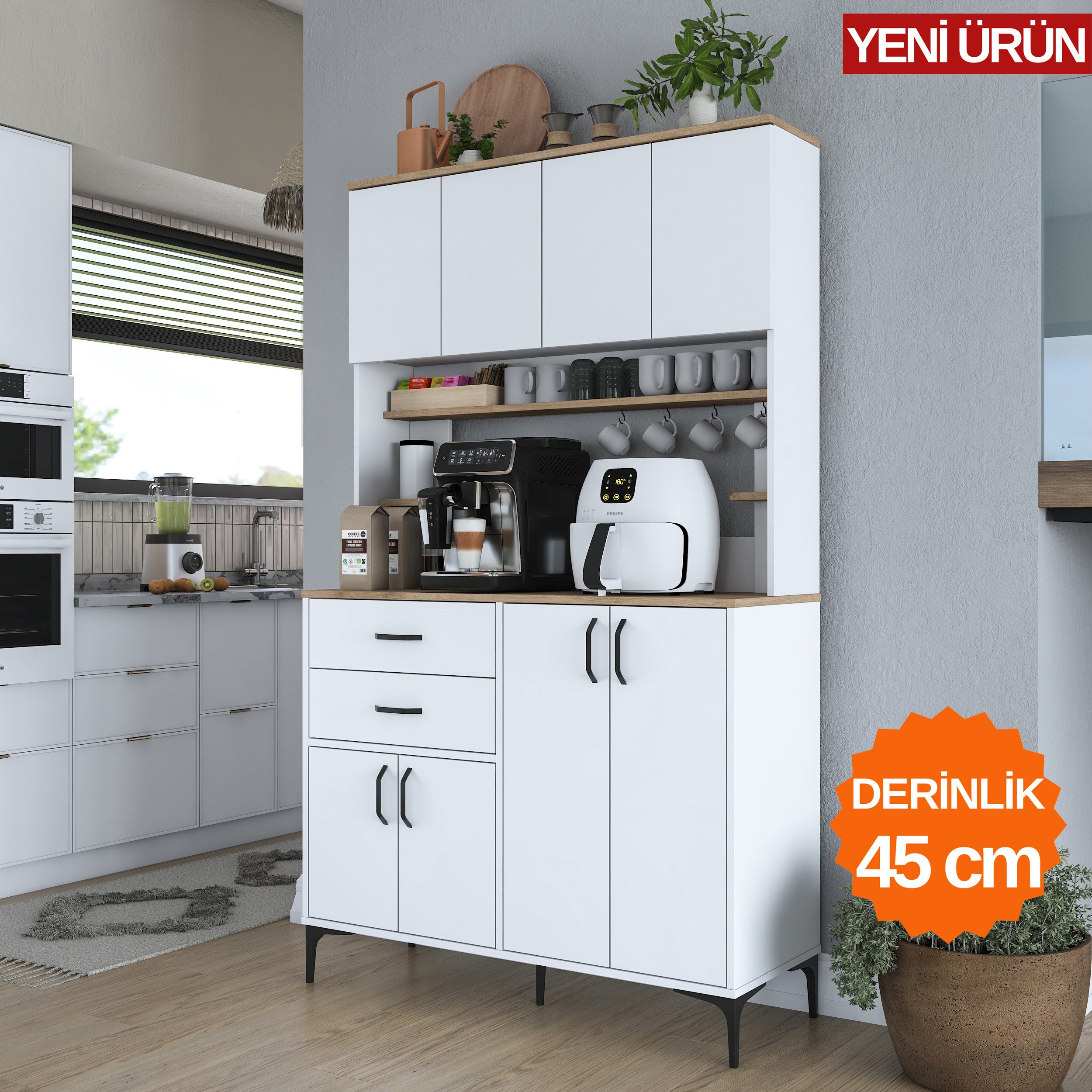Rani JE212 Kahve Köşesi Çok Amaçlı Dolap, 8 kapaklı ve 2 çekmeceli tasarımıyla mutfak ve kiler alanlarında düzen sağlar. Beyaz ve sepet ceviz renk kombinasyonu ile modern bir görünüm sunar.