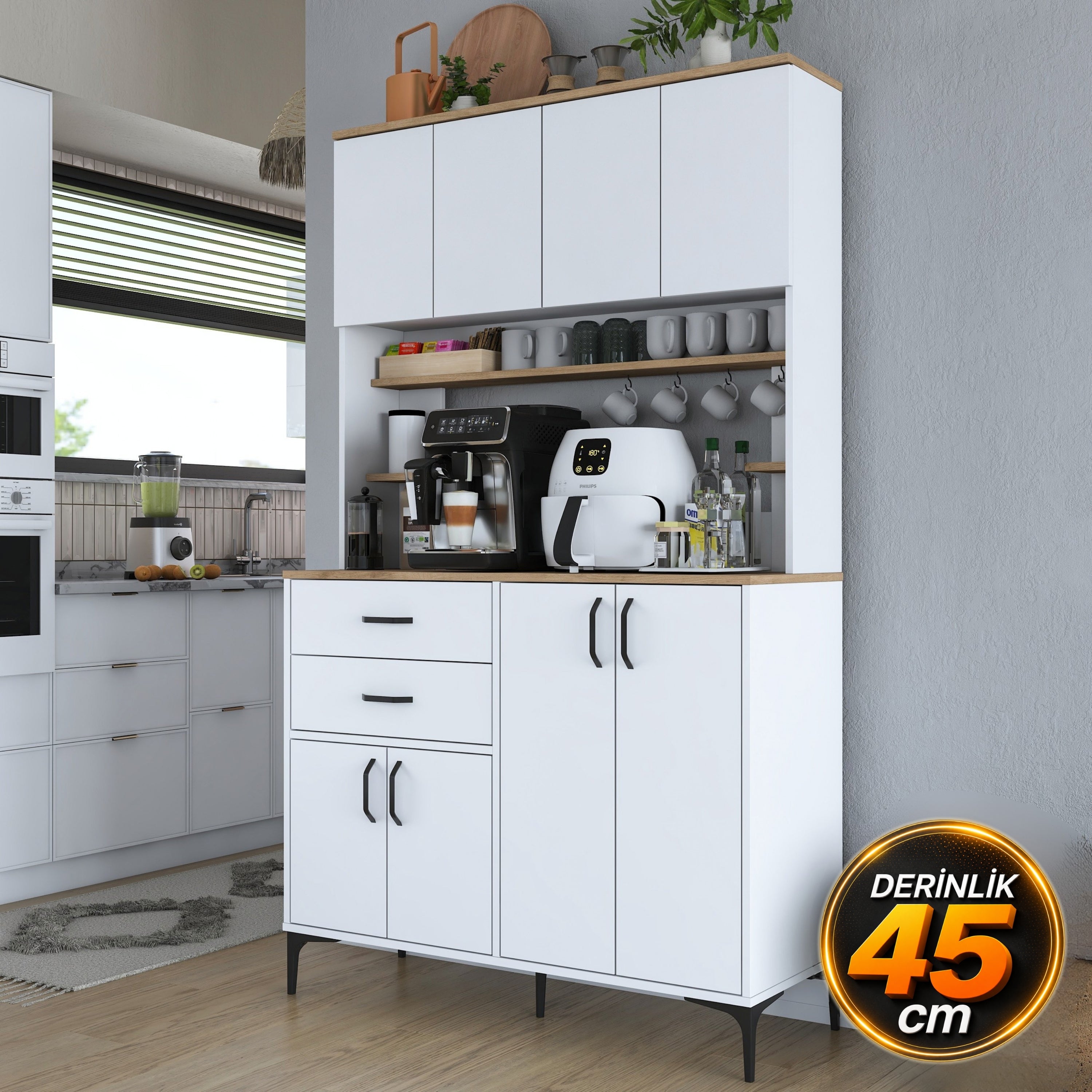 Rani JE212 Kahve Köşesi Çok Amaçlı Dolap 8 Kapaklı 2 Çekmeceli Raflı K